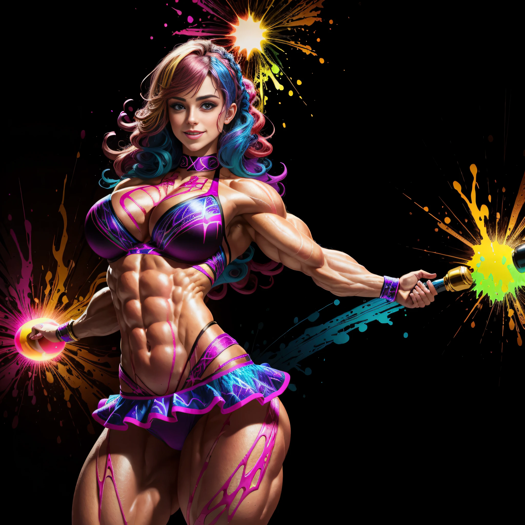 photo of (Leah Rose|Ava Marie:0.7), young cute girl, realistic, masterpiece, highres, full body, (hypermuscle, huge muscles, flexing, veins, very vascular, very muscular, strong, powerful, female domination, goddess, female power:1.5), wild rainbow toxic hair, wearing a wild skirt, wearing a colorfull small bikini top, curvy body, toned body posing near a dark background [(colorful explosion psychedelic toxic neon paint colors:1.4)::0.30], BREAK, looking at viewer, smug, confident, smile, navel out, hyper realistic lifelike texture, best quality, ultra high res, photo realistic, (elite:0.1), (underwater:0.3), (nasty:0.2),