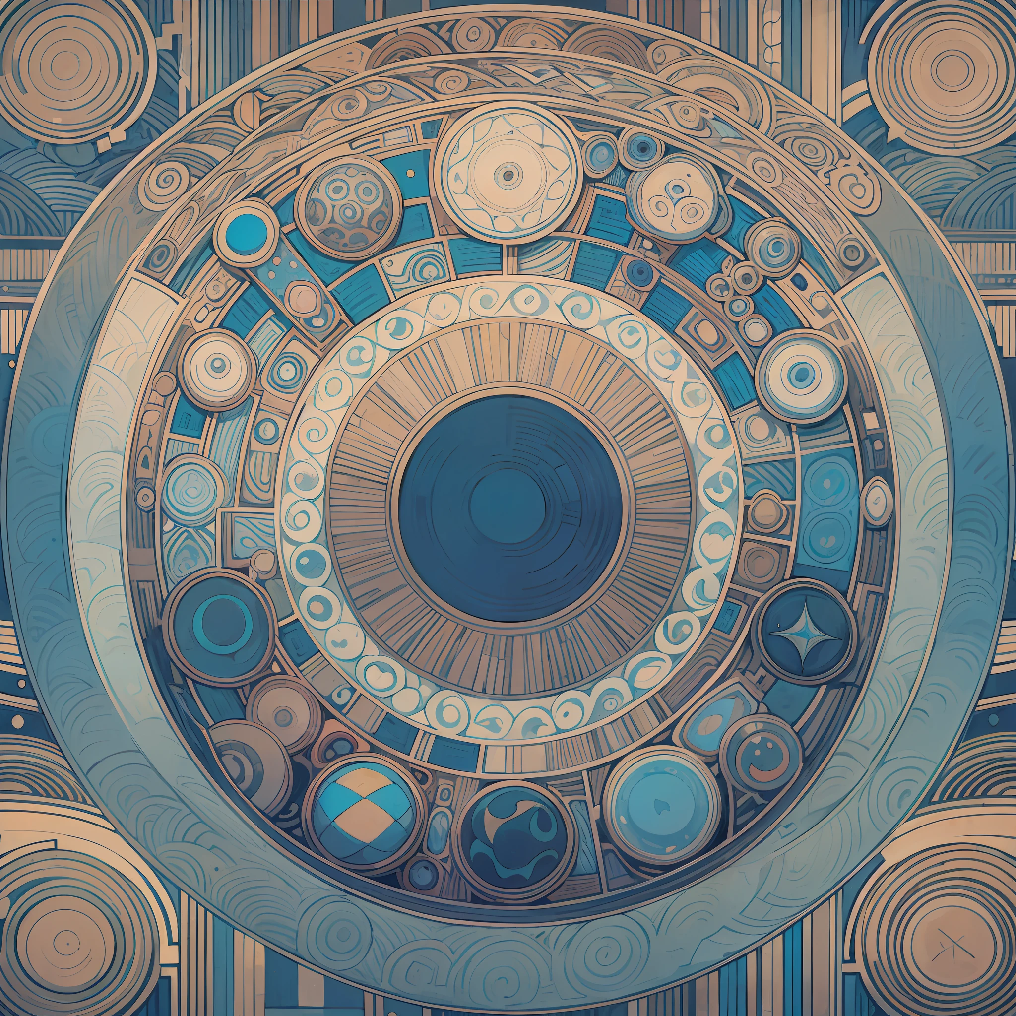 a blue and brown abstract pattern with circles, rounded lines, art deco stripe pattern, art deco pattern, art deco patterns, geometric curves, art deco intricate ripples, geometric pattern, curved, paisley, geometric wallpaper, geometric patterns, abstract pattern, curved lines, stunning lines, abstract, ornate geometric patterns, by Margo Hoff, repeating pattern, geometric design, pattern art --auto --s2