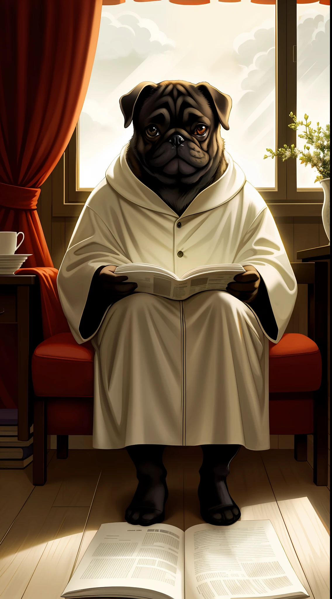 anthropomorphic pug dog, in a robe, eating breakfast and reading the newspaper, lightroom, cinematic, hdr, raw, intricate, high quality, soothing tones, intricate details, low contrast