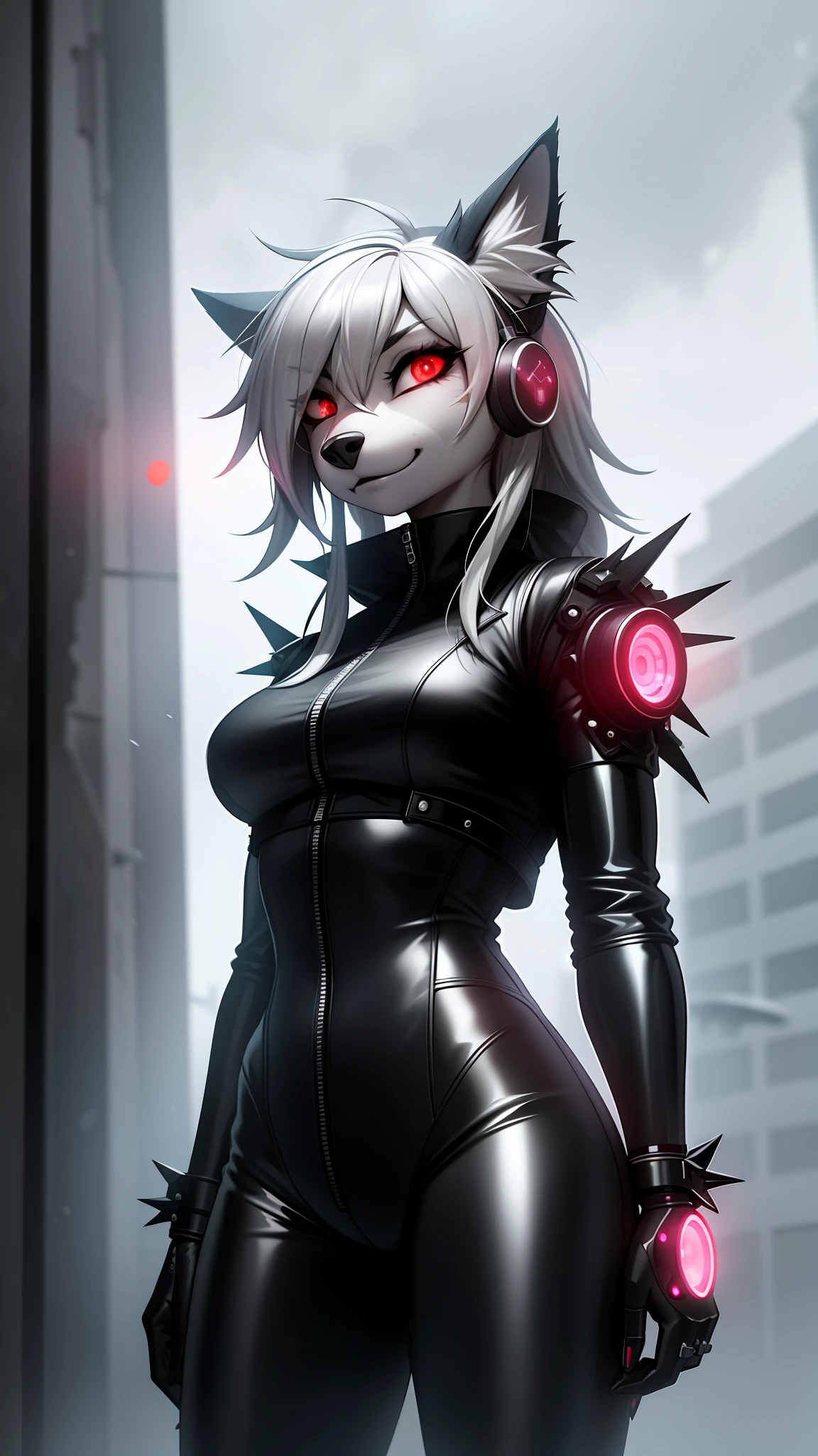 A very detailed portrait of a lone wolf girl standing on a street corner, (anthro, furry, muzzle: 1.2), mustaches, during a storm with lightning and a cloudy sky, neon and cyberpunk background, wears punk clothes and a tight latex pants with silver chains and silver spikes, has a butterfly wing clip in her wild hair,  has headphones and a tie, small, detailed bright red eyes with distinct pupils, ominous halo aura, smile, punk, cyberpunk, backlighting, masterpiece, best quality, intricate detail, absurd, high detail Color RAW Photo, highly detailed, rough lighting, cinematic lighting, detailed eyes, distinct pupils, contrast, hard light, gigapixel, 8k resolution, beautiful, cinematic, elegant, hyper-realistic, octane, unreal, unreal, high definition,  8k resolution, highly detailed, 8k uhd, professional lighting, photon mapping, radiosity, physics-based rendering, award-winning photography, detailed face, backlight, ultra-realistic, ray tracing, vivid look, cinematic lighting