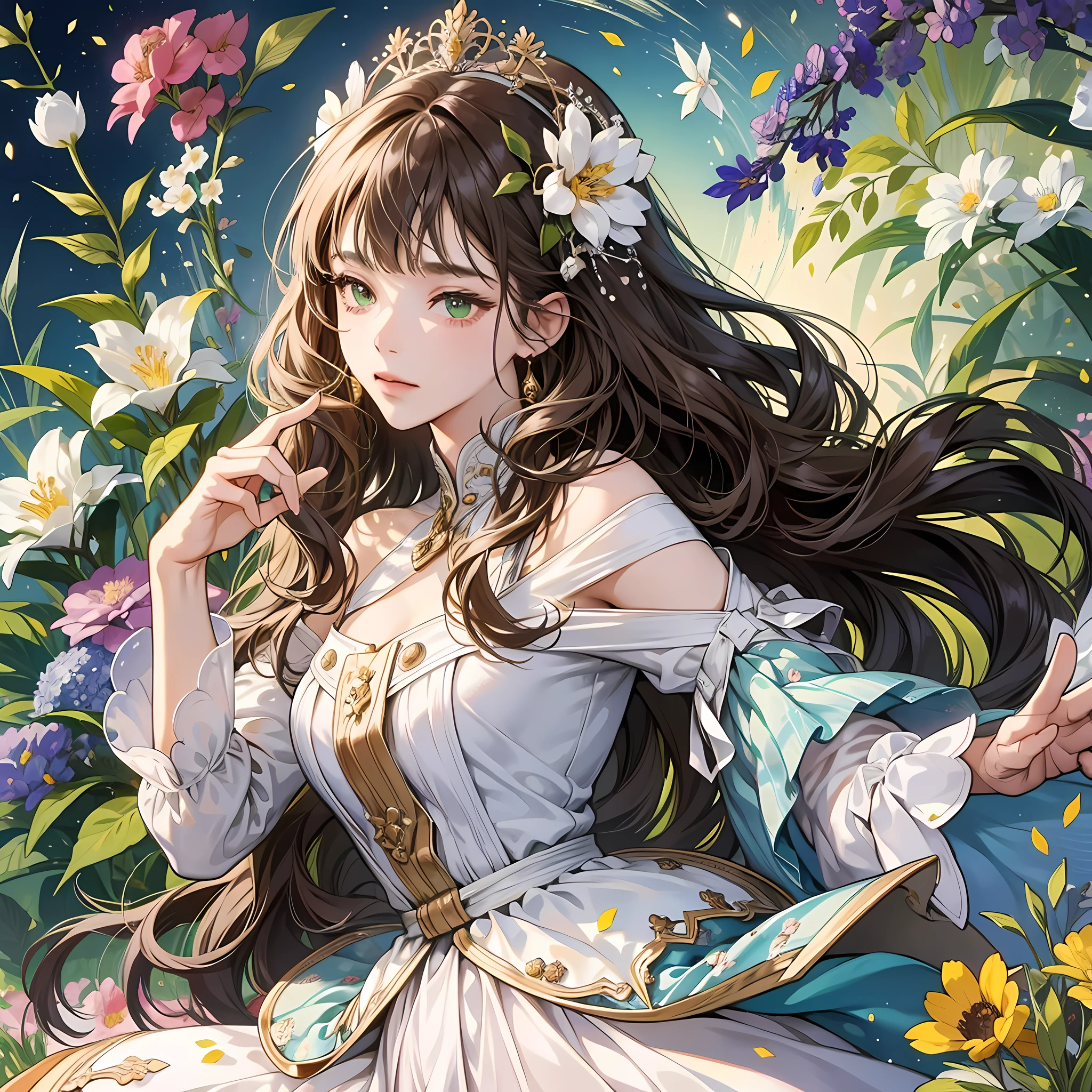 (absurd, highres, ultra detailed), 1girl, mature woman, wavy brown hair, long hair, blunt bangs, green eyes, white dress, finely detailed eyes and detailed face, 8k extremely detailed CG unit wallpaper, intricate details, BREAK, kaleidoscopic images, symmetrical patterns, vibrant colors, geometric shapes, mesmerizing designs, optical illusions, dynamic composition BREAK, pantomime art,  expressive body language, silent narrative, evocative gestures, visual narratives, BREAK theatrical performances, blooming flowers, blue petals, fragrant scents, generosity of nature, vibrant gardens, tranquil landscapes