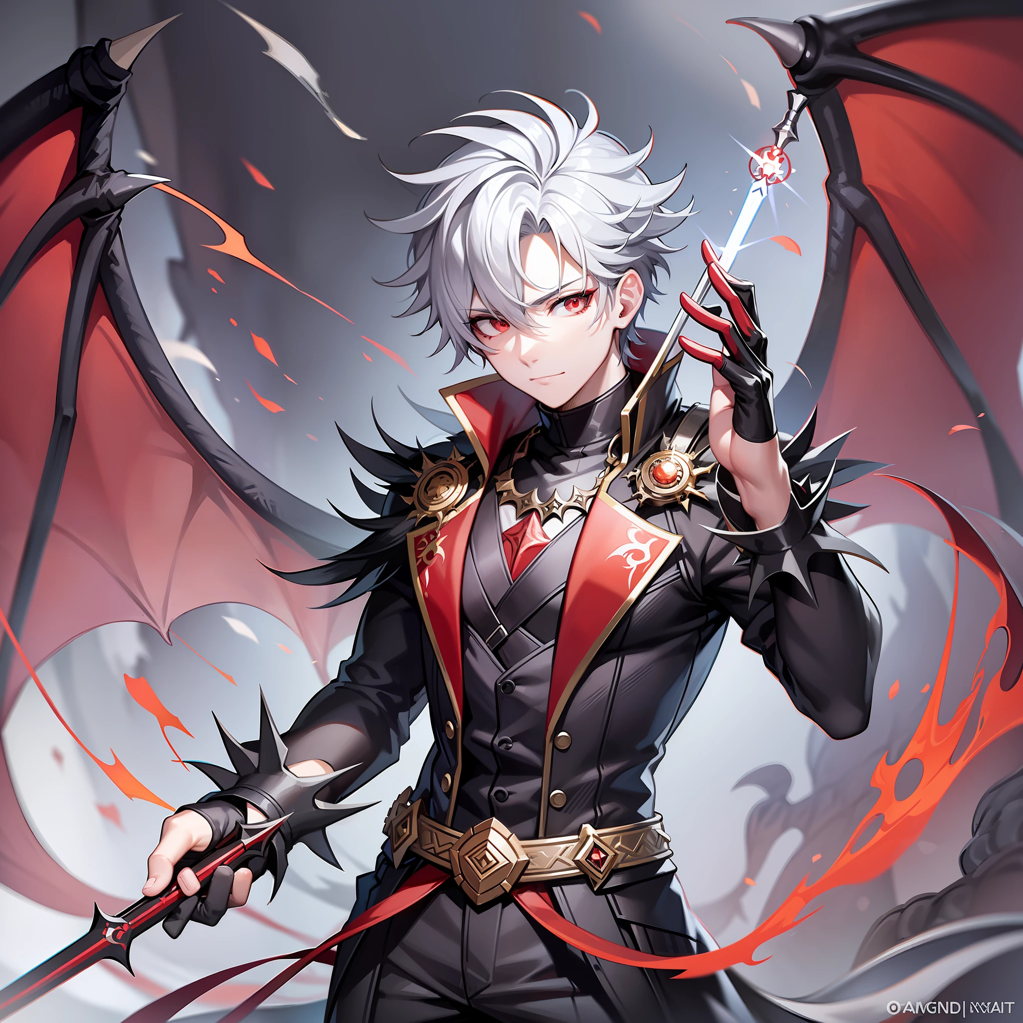 draw a boy with red clothing with black spiky white hair white eyes with 1/4 blue,in his right hand a wand releasing a black magic,full body in an environment with dragons and wolves