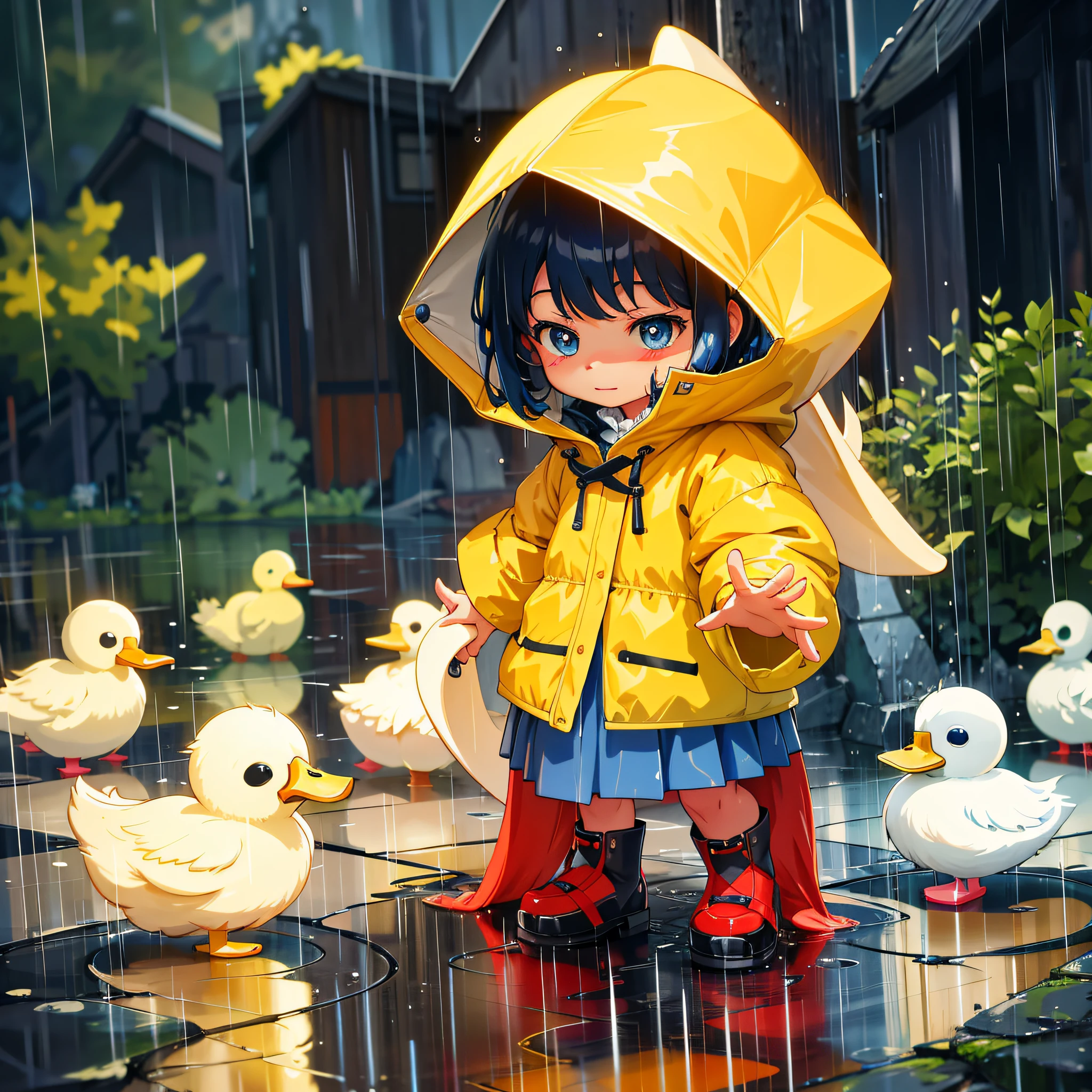 There is a little girl in a blue raincoat standing in the rain, duck, Guvez style artwork, Kavasi, Yang J, in the rain, it's raining! , cute detailed digital art, puddle, by Yuumei, atey Ghailan 8 K, cute digital art, official fan art, high quality fan art, in a rainy environment
