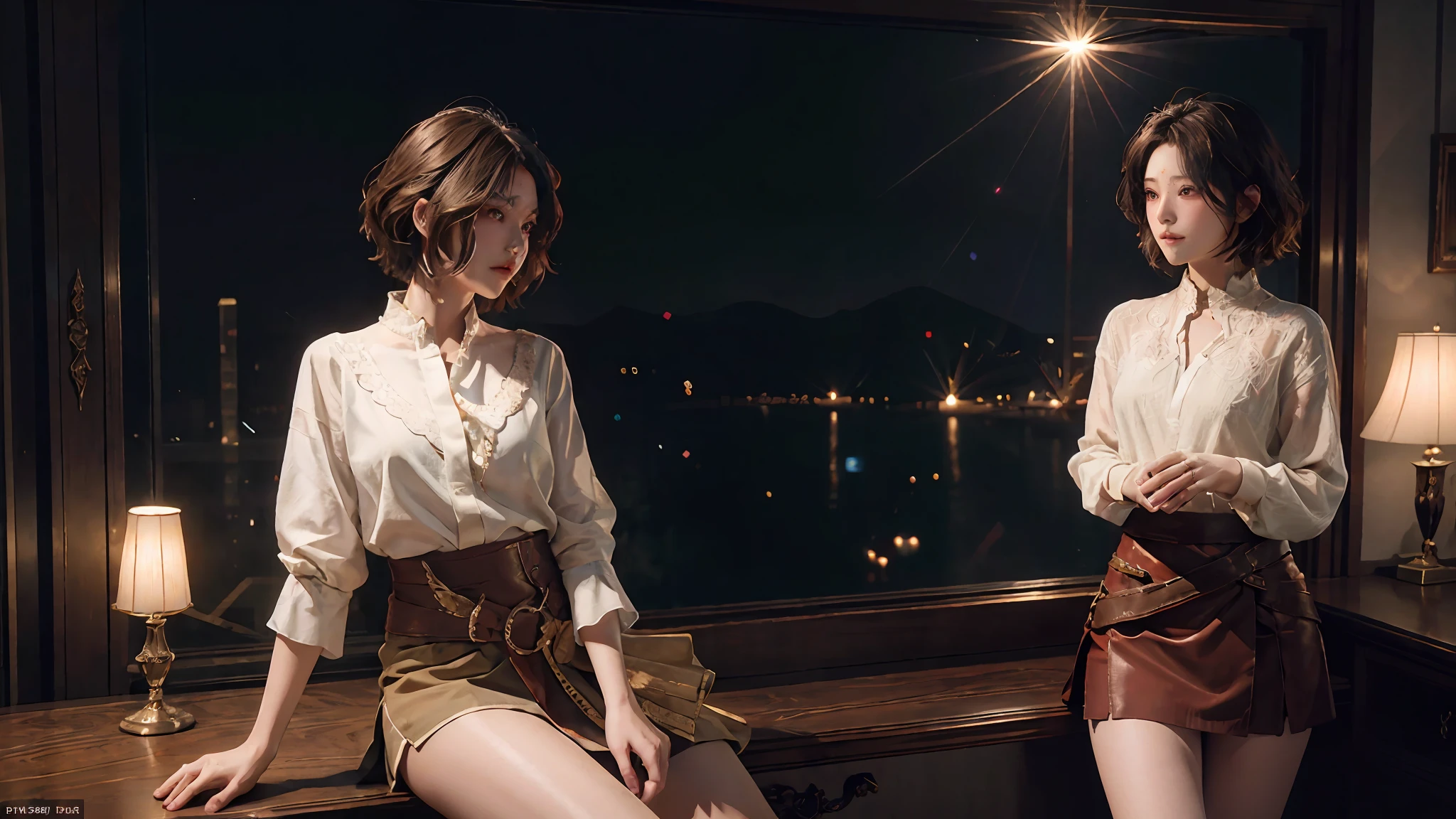 CG Unity 8K wallpapers with the highest quality details, RAW photos of national treasures, realism: 1.3, dynamic angles, short hair, under thin fabric miniskirts: 1.2, movie lighting, lens flares, luxurious rooms, meticulous details