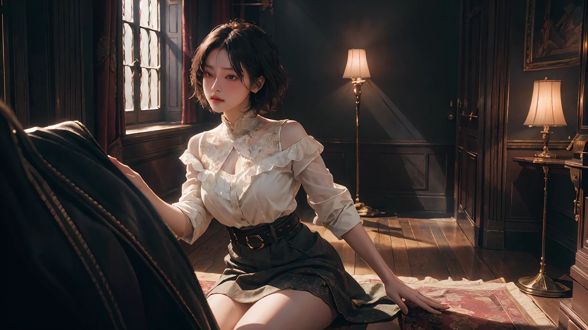 CG Unity 8K wallpapers with the highest quality details, RAW photos of national treasures, realism: 1.3, dynamic angles, short hair, under thin fabric miniskirts: 1.2, movie lighting, lens flares, luxurious rooms, meticulous details