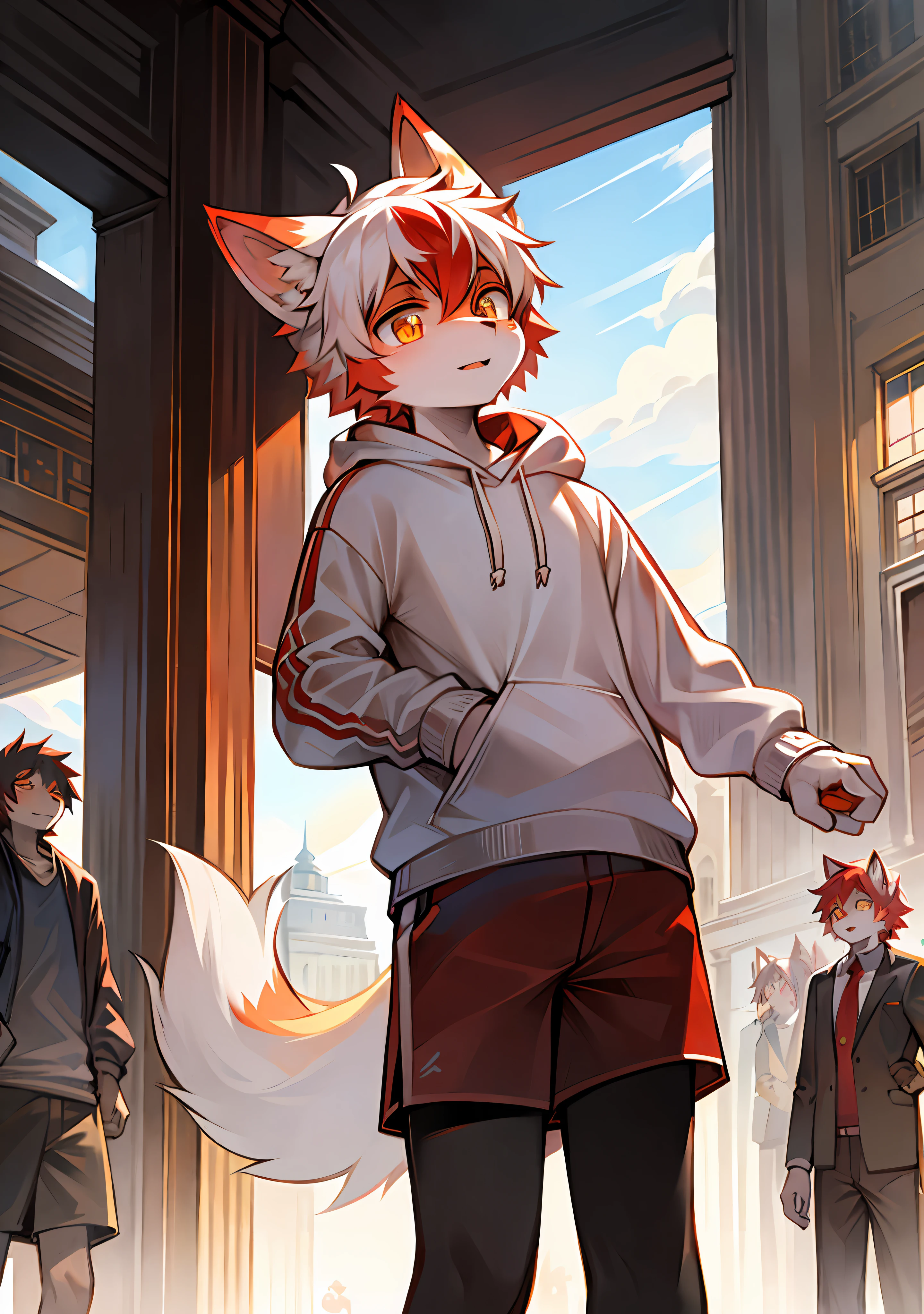 The best quality and best CG illustrations, showing the image of a young student in a sunny campus scene with fluffy red and white hair, fluffy tail standing up, wearing a hooded sweatshirt and sports shorts, decorated with red and white fur. The picture shows clear detail and rich expression, and he walks from the crowd with a cold expression, his white shirt, shining eyes and red and white animal ears highlighting his characteristics.