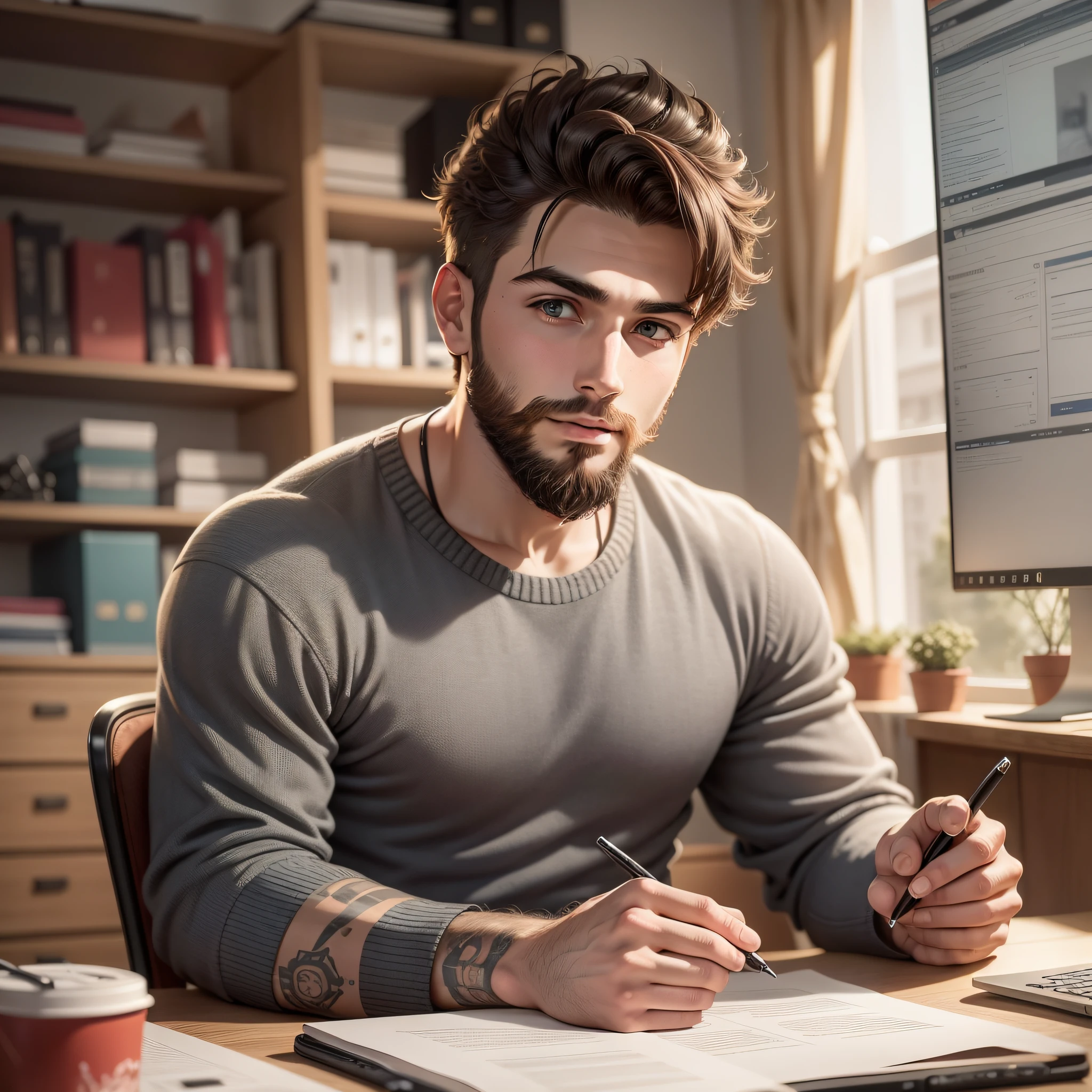 A 25 year old boy with beard, sleeve style, desk, computer, wide-angle code, wallpaper, HDR