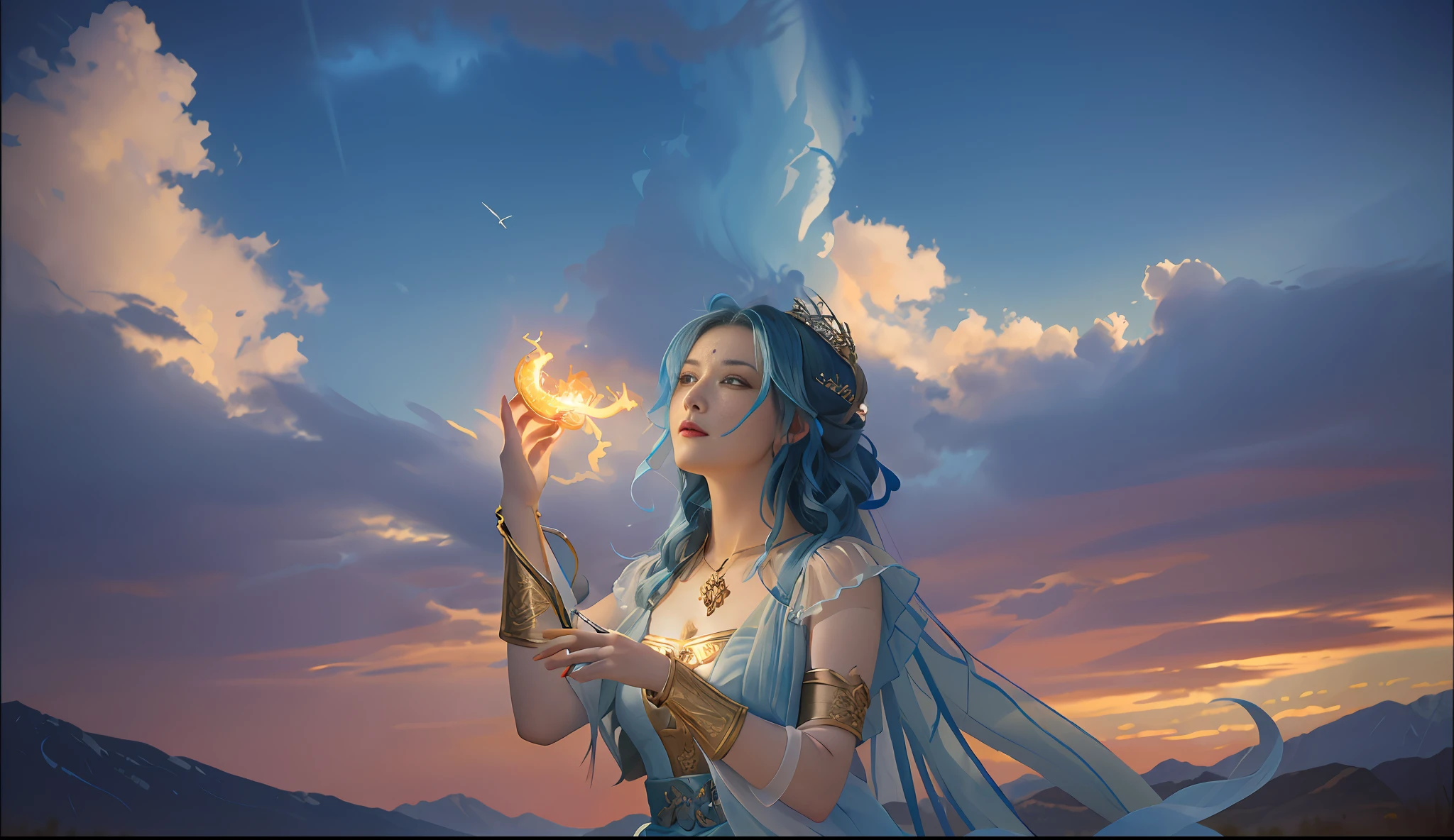 A painting of a woman holding a colored divine stone and divine fire, looking up at the sky, the sky pouring flood, snake woman mixed, mythological colors, morebach, Peter molbach style, peter molbach c 2 0, art style in molbach, pyoter molbach style, snake woman in white gauze dress, in pyoter molbach style, snake queen without legs, peter molbach and artistic reproduction, looking up at the sky, depth of field, colored ribbons