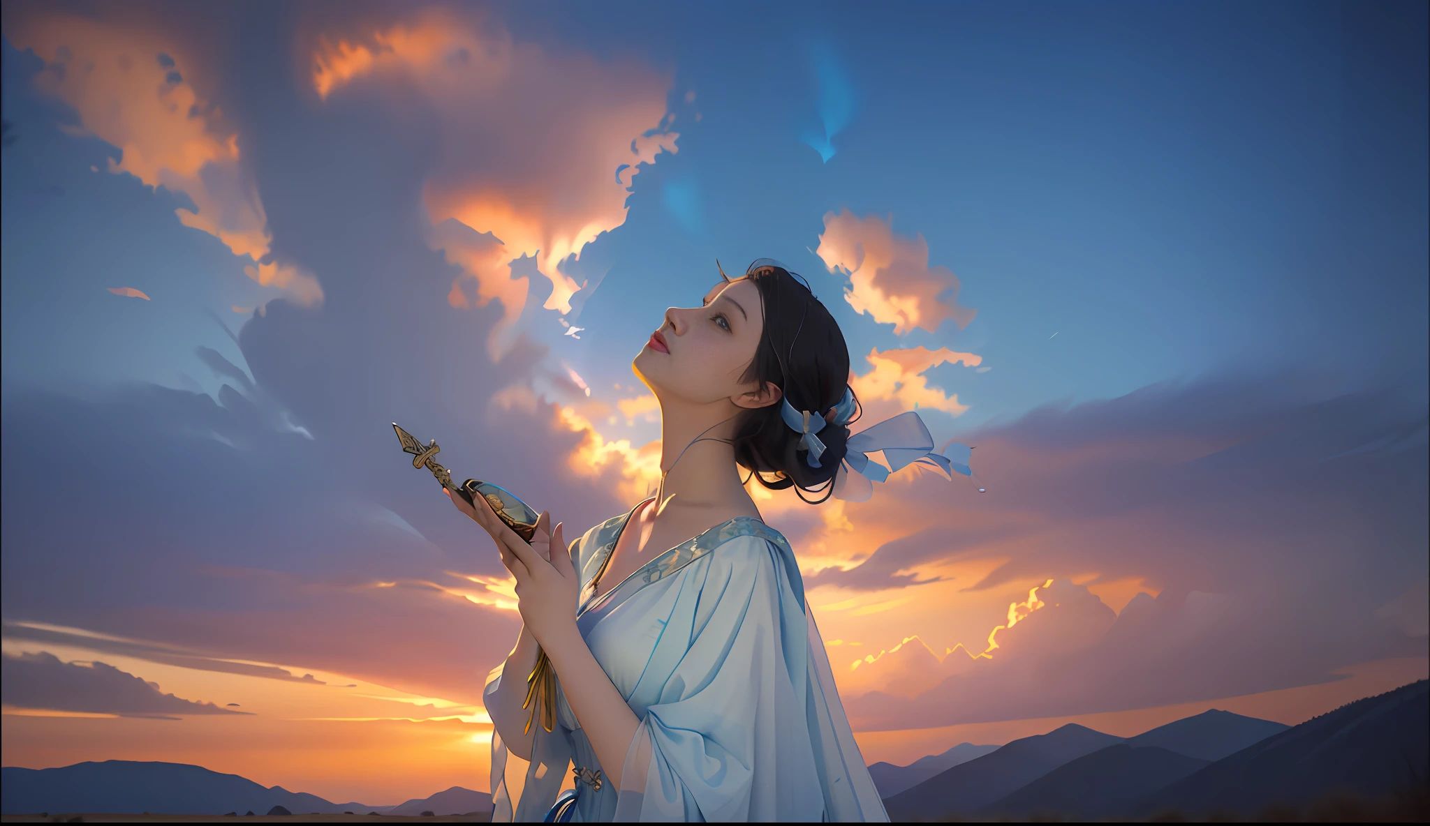 A painting of a woman holding a colored divine stone and divine fire, looking up at the sky, the sky pouring flood, snake woman mixed, mythological colors, morebach, Peter molbach style, peter molbach c 2 0, art style in molbach, pyoter molbach style, snake woman in white gauze dress, in pyoter molbach style, snake queen without legs, peter molbach and artistic reproduction, looking up at the sky, depth of field, colored ribbons