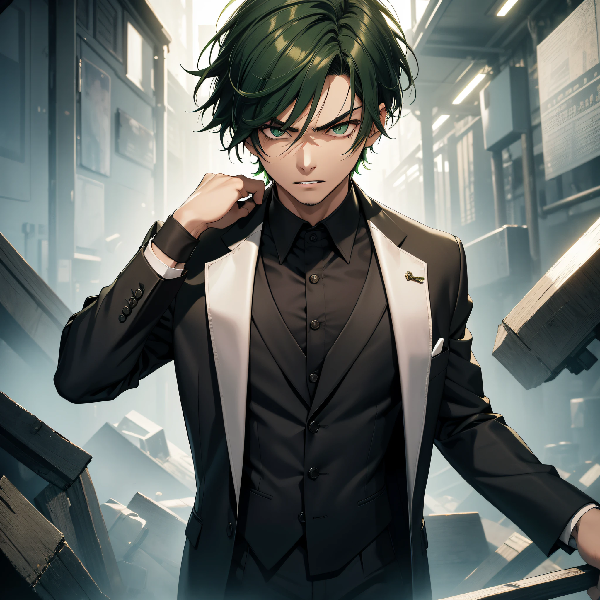 Absurd resolution, high resolution, (masterpiece: 1.4), hyperdetail, Asian, young man with short green hair, black suit, very dark, angry expression, gritted teeth