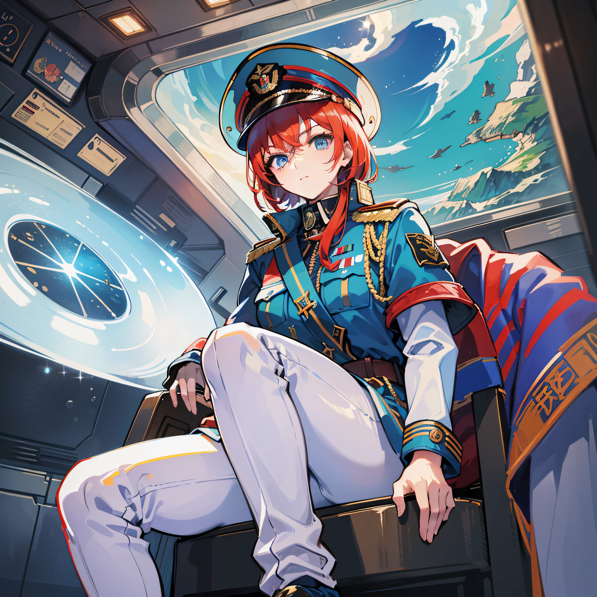 ((Masterpiece)), ((Highest Image Quality)), ((Best Quality)), (Illustration of One Girl), Full Body, 25 Years Old, Short Red Hair, (Thin Hair on Both Sides of Face), Blue Eyes, (((Tall)), ((Muscular Strong Body)), ((Manspreading)), Open Legs, (((Military Uniform)), (Military Hat)), (Military Coat)), (White Clothes), (White Pants), (White Hat), Trench Coat, ((Inside the spaceship, sitting in the captain's seat)), (outside the window, space, Earth seen from space, spaceport)