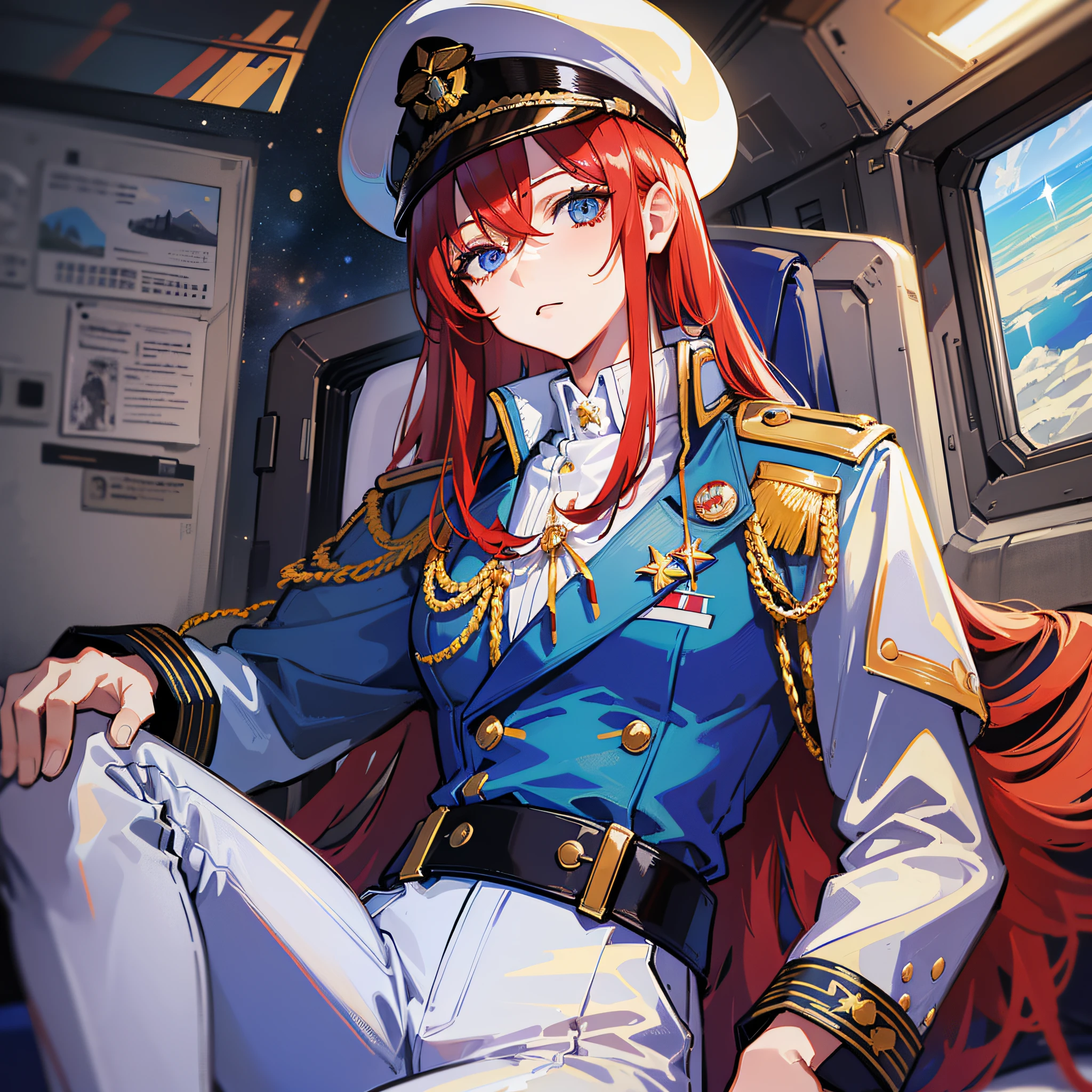 ((Masterpiece)), ((Highest Quality)), ((Best Quality)), (Illustration of One Girl), Full Body, 25 Years Old, Long Red Hair, (Thin Hair on Both Sides of the Face), Blue Eyes, (Tall)), ((Muscular Strong Body)), (Manspreading)), Open Legs, (((Military Uniform)), (Military Hat)), ((Military Coat)), (White Clothes), (White Pants), (White Hat), Trench Coat, ((Inside the spaceship, sitting in the captain's seat)), (outside the window, space, Earth seen from space, spaceport)