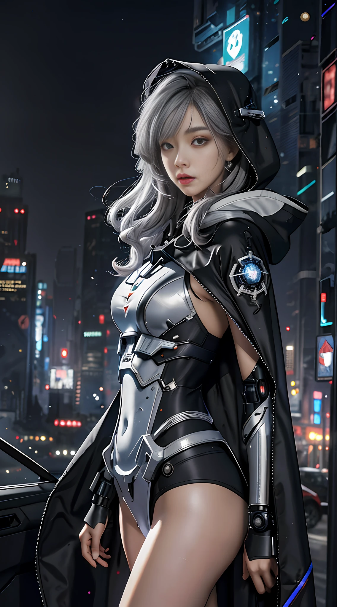 masterpiece, best quality, 4k, mecha, starry sky, cape, hair ribbon, super big, big ass, hood, long hair, gray hair, cyberpunk, depth of field