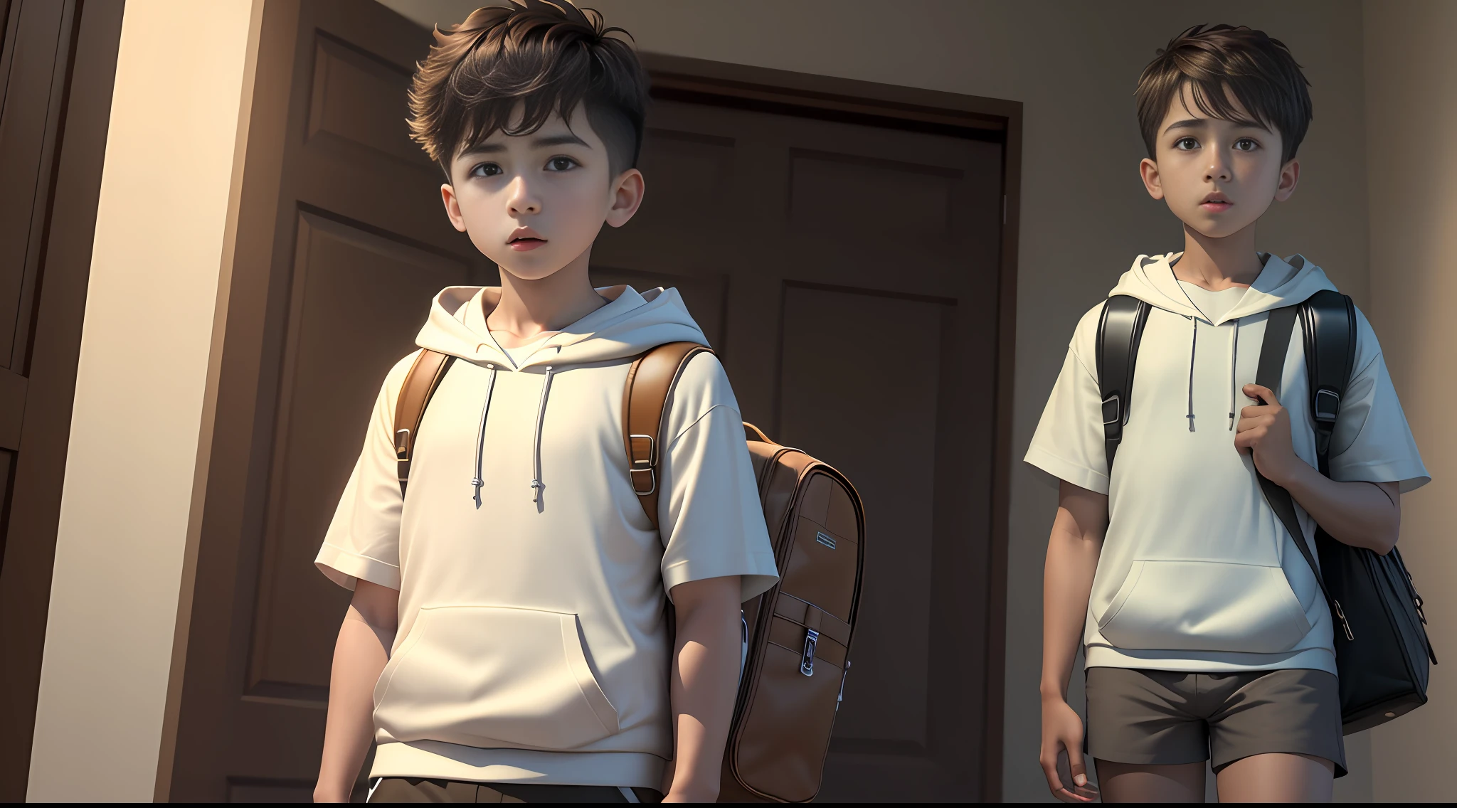 (best quality, masterpiece, ultra-realistic), Masterpiece, best quality, cinematic lighting, surrealism, blank scene, 8K. Milo is a boy, boy wearing shorts, white hoodie and brown school bag. blank background, black background