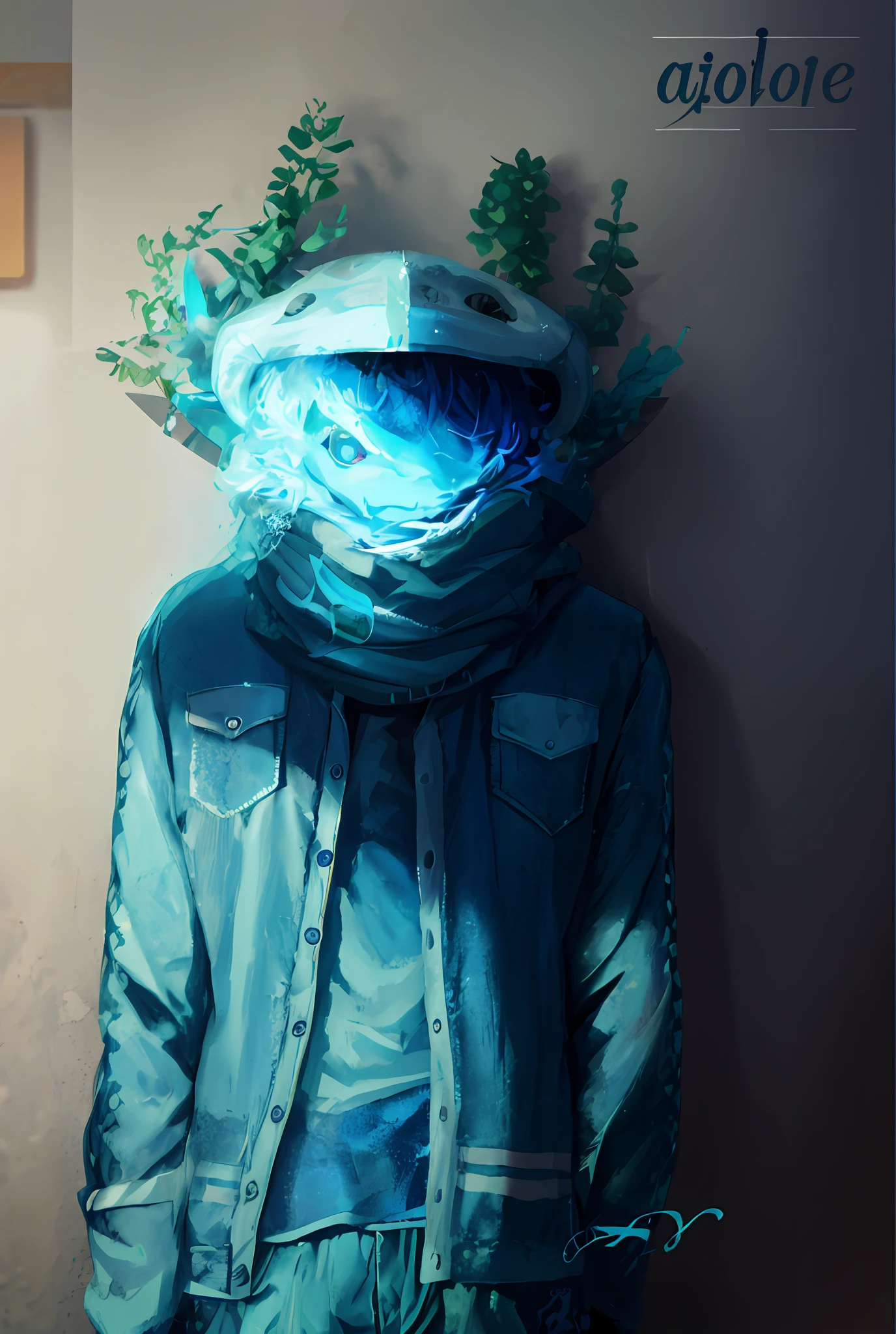 An axolotl with a blue jacket and a scarf, depicted in a stylized and rendered 3D style, with vibrant colors similar to a ZBrush render. The character is a mix between a Lizard Person, Beeple and Jeremiah Ketner, featuring artistic elements of each. The illustration is digital and in 2D, with a unique look and subtle details. It was rendered in the Cinema 4D software, providing an impressive result --auto --s2