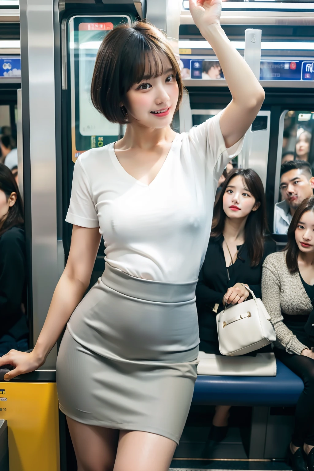 best quality, masterpiece, ultra high res, 8K, raw, (photo realistic:1.4), sharp focus, 1 girl, (detailed background:1.5), (crowded train:1.5), sexy girl, toned, varied poses, cute, 18yo, laugh, tiny breasts, black hair, Layered haircut, detailed clothes, white shirt, sexy tight skirt