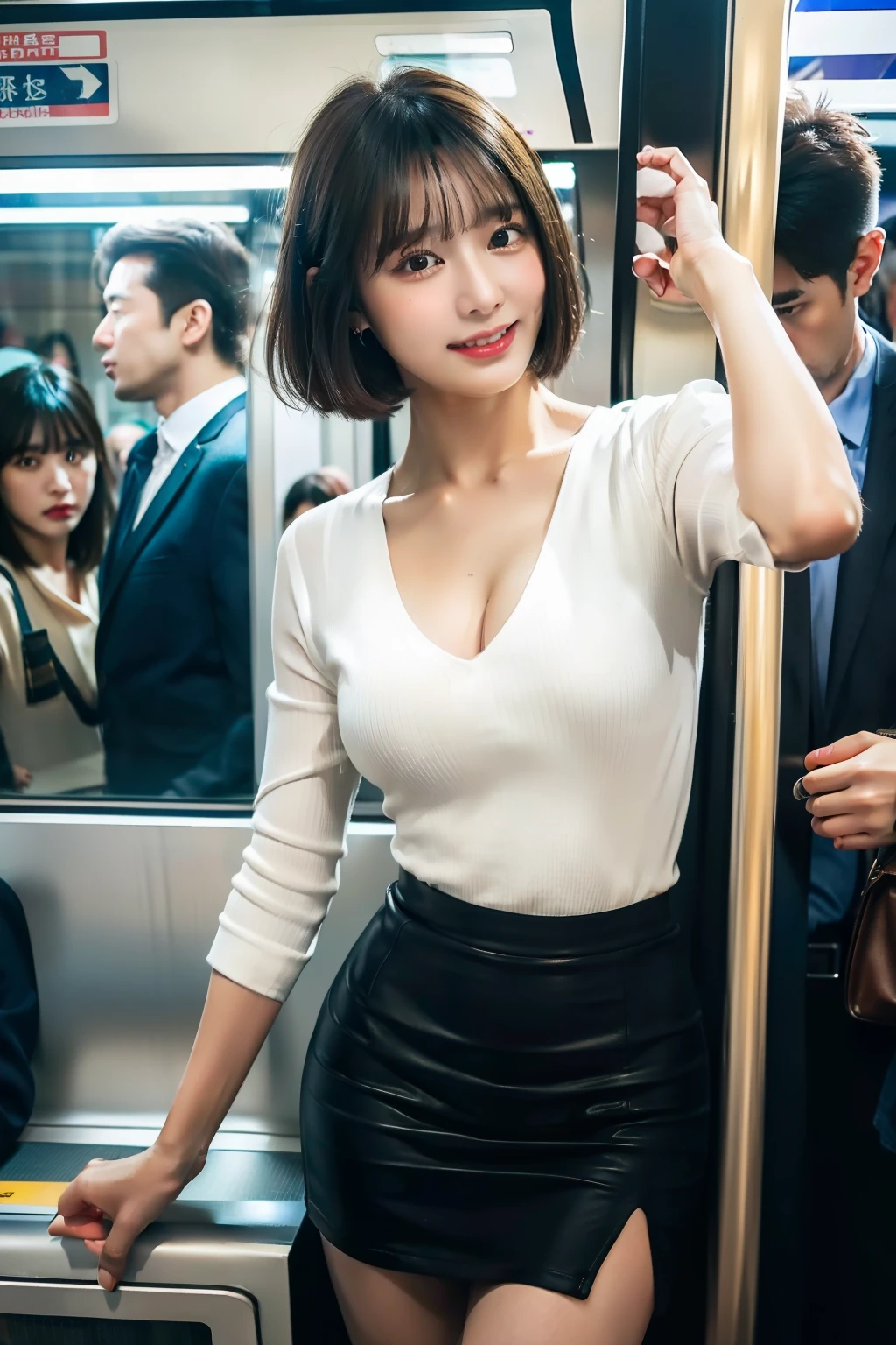 best quality, masterpiece, ultra high res, 8K, raw, (photo realistic:1.4), sharp focus, 1 girl, (detailed background:1.5), (crowded train:1.5), sexy girl, toned, varied poses, cute, 18yo, laugh, tiny breasts, black hair, Layered haircut, detailed clothes, white shirt, sexy tight skirt