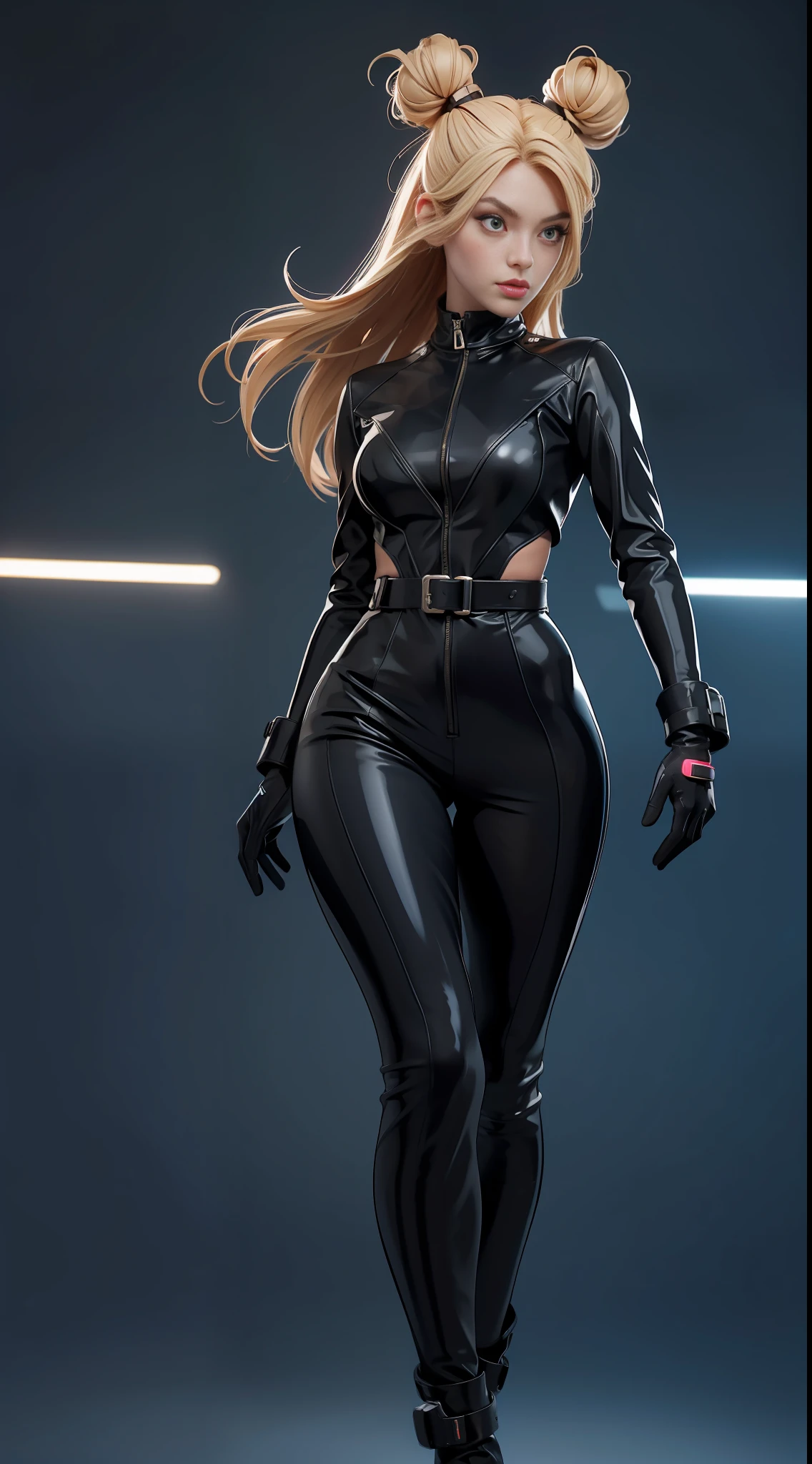 solo, super fine photo, full body portrait Unreal Engine 5 8K UHD of beautiful and cute girl, gorgeous, blonde bun style hair, black color scheme skin tight futuristic latex bodysuit with dress and leather jacket, zipless, latex glove, latex belts, cyberpunk design, futuristic female student, beautiful make up, cyan neon light details, best quality, masterpiece, official art, unified 8k wallpaper, super detailed, sharp focus, dynamic pose, body parts, no extra limbs, precisely anatomy