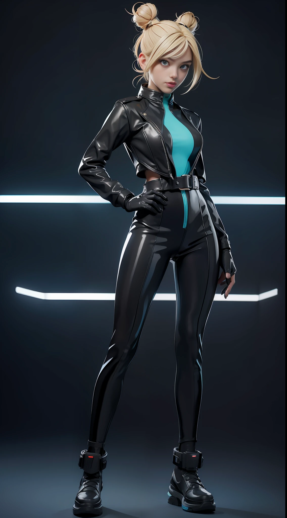 solo, super fine photo, full body portrait Unreal Engine 5 8K UHD of beautiful and cute girl, gorgeous, blonde bun style hair, black color scheme skin tight futuristic latex bodysuit with dress and leather jacket, zipless, latex glove, latex belts, cyberpunk design, futuristic female student, cyberpunk sport sneakers, beautiful make up, cyan neon light details, best quality, masterpiece, official art, unified 8k wallpaper, super detailed, sharp focus, dynamic pose, body parts, no extra limbs, precisely anatomy