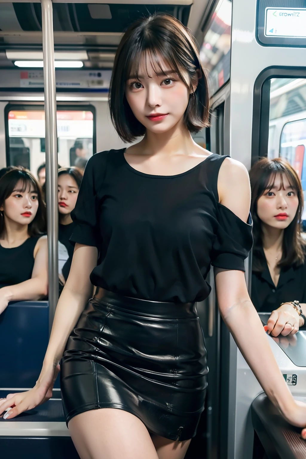 best quality, masterpiece, ultra high res, 8K, raw, (photo realistic:1.4), sharp focus, 1 girl, (detailed background:1.5), (crowded train:1.5), sexy girl, toned, varied poses, cute, 18yo, laugh, tiny breasts, black hair, Layered haircut, detailed clothes, black shirt, sexy tight skirt