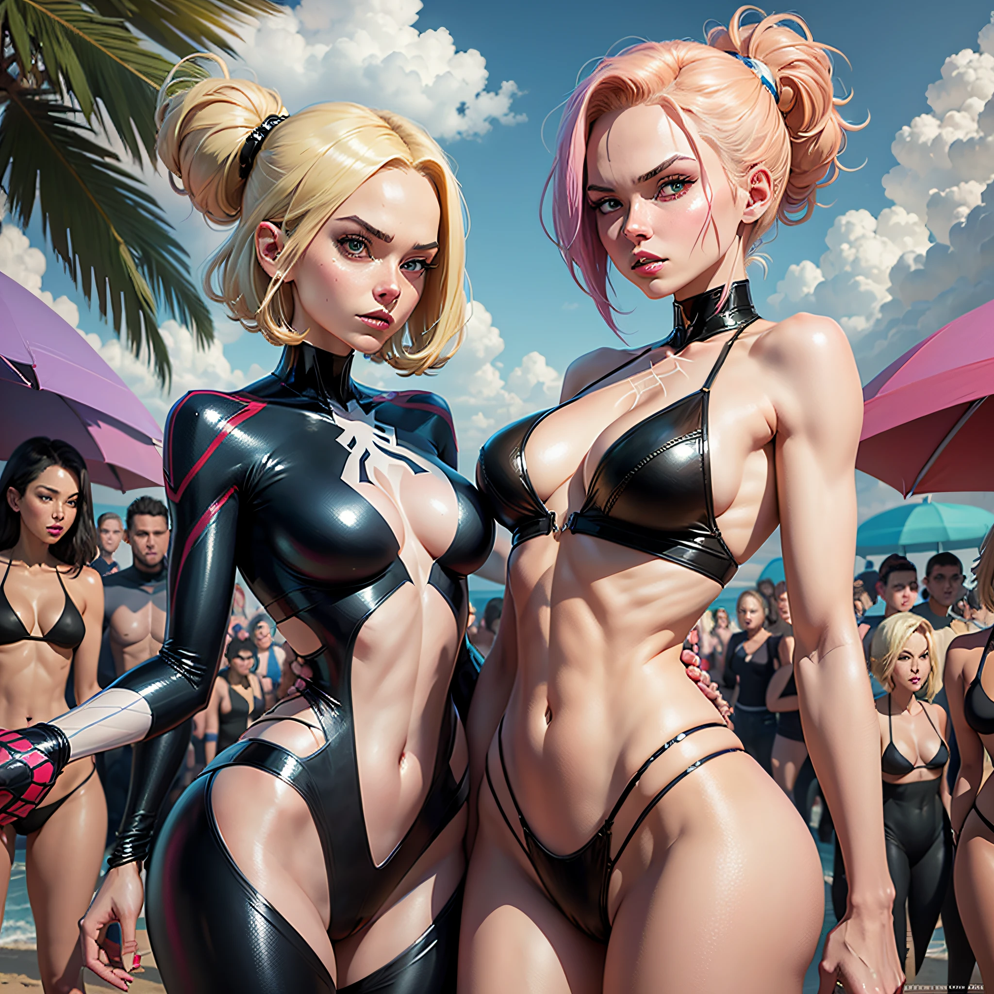 Spider gwen and android 18 wearing a micro bikini in a crowded beach, people starring them. --auto --s2