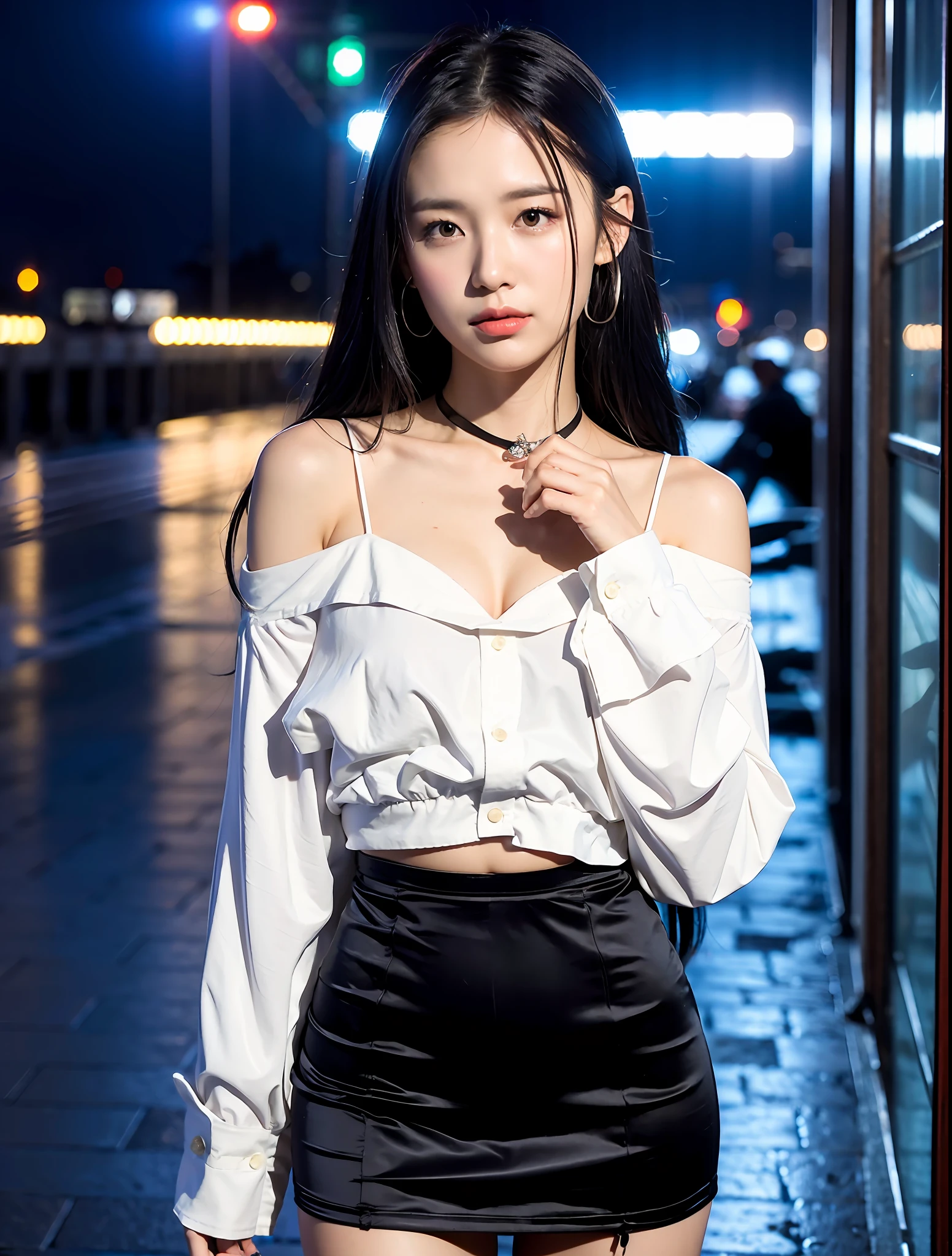 Random Posture, mix4, (8k, RAW photo, highest quality, masterpiece: 1.2), (realistic, photorealistic: 1.37), one girl, cute, cityscape, night, rain, wet, professional lighting, photon mapping, radiosity, physical based rendering,, gradient black hair,, gray hair, short curly, handsome, girl, white tight shirt with collar, mini skirt, top quality photo, high resolution, 1080p, (clear face), (detailed facial description), (detailed hand description), (masterpiece), (elaborate CG), extreme light and shadow, disheveled hair, master work, rich details, (fine facial features), (highest quality photo), (masterpiece), (detailed eyes), look ahead of you eyes, fine collarbone, small face, petite and delicate figure