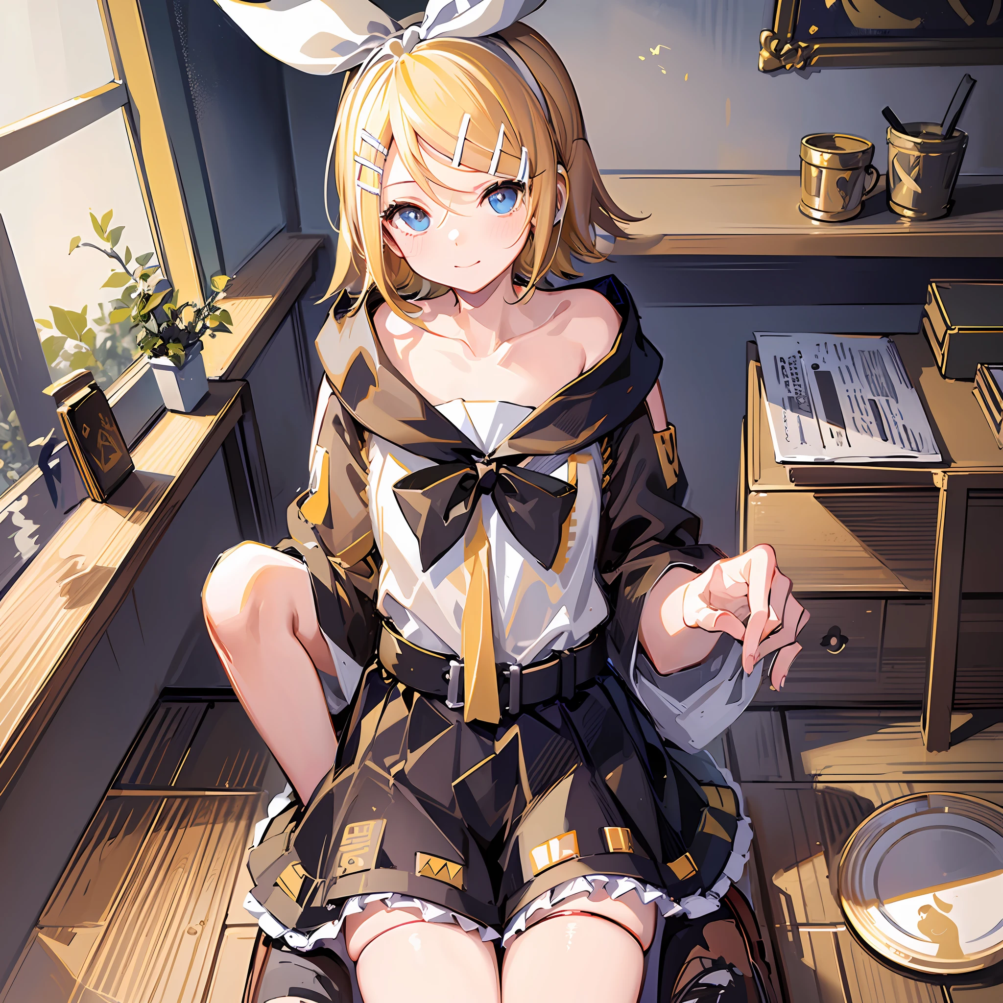 (Masterpiece), (Best Quality), (Illustration), (Ultra Detailed), (High Resolution), Absurdity, One Girl, (Kagamine_Rin:1.5), (Vocaloid), Shoulders are cut off, Short Hair, Hair Clip, Blush, (Blonde), Very Cute Girl, Small, Young, Delicate, Attention to Girl, Living Room, Cute, She, Smile, Best Moment, Sailor Suit, Black Shortscute, belt, blue eyes, bright eyes, cool cute, sit, close legs