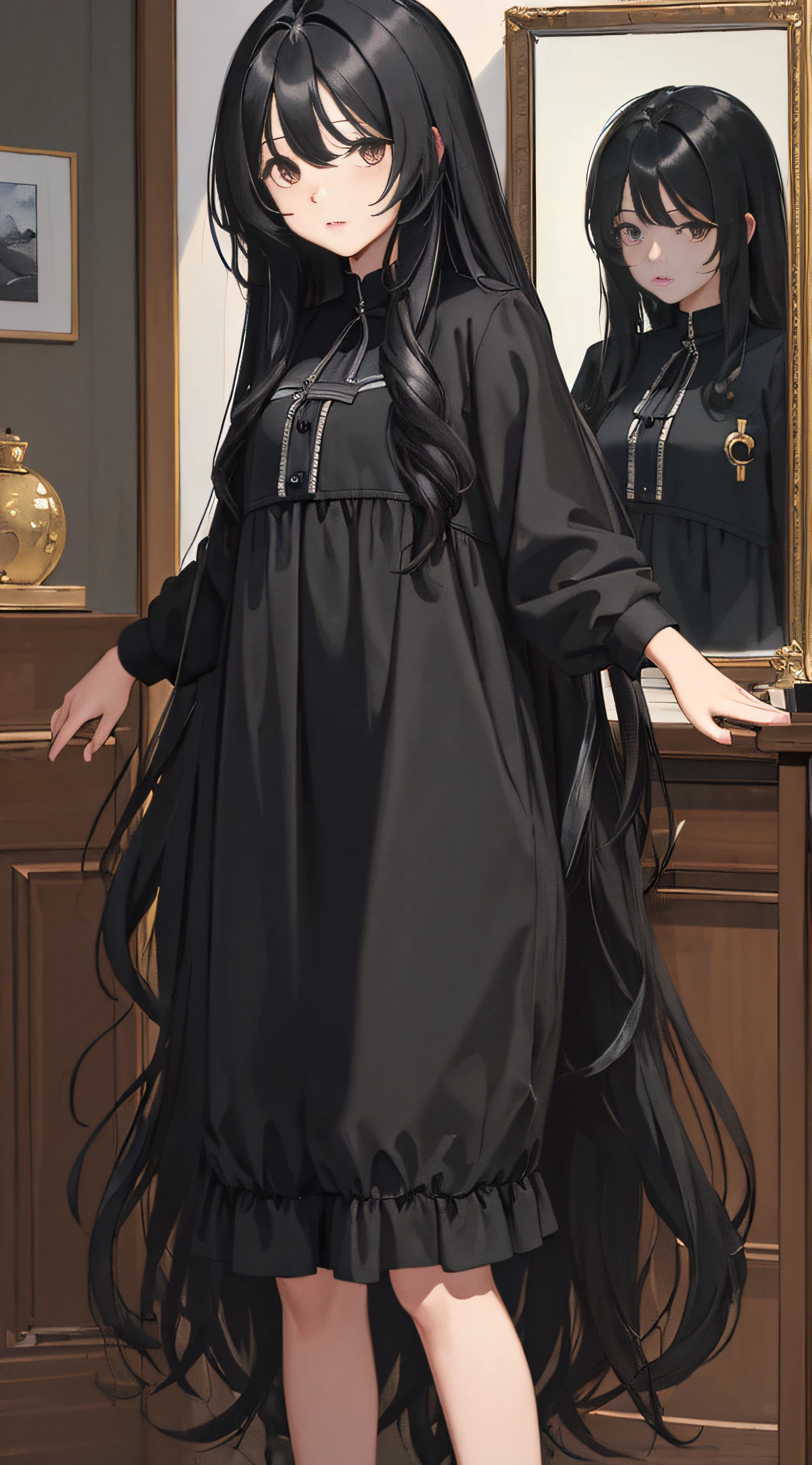 (masterpiece, best quality:1.4), looking at viewer,
(wavy hair:0.8), long hair, black hair, black theme,