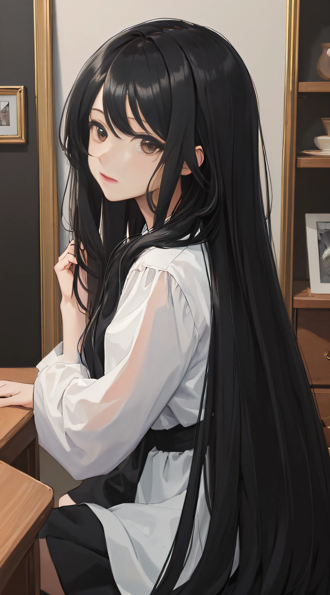 (masterpiece, best quality:1.4), looking at viewer,
(wavy hair:0.8), long hair, black hair, black theme,