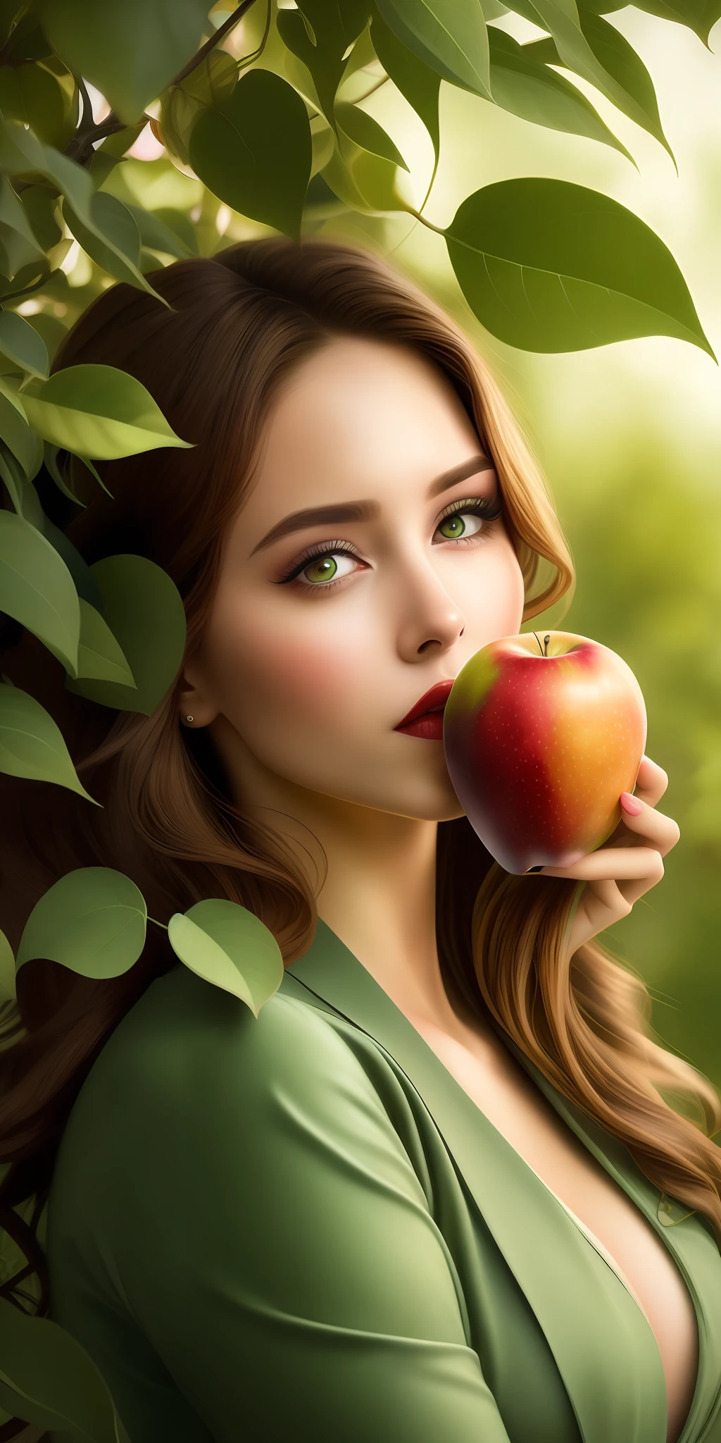 Best quality,highest resolution,8k, artistic illustration, beautiful portrait, masterpiece, most beautiful woman,most beautiful girl, greedy eyes, biting an apple,dressed in leaves, dressed in green leaves,the most beautiful girl in profile in front of an apple tree, greedy eyes,, an apple tree, biting an apple, artistic style, Ton Bagshaw, fantasy portrait, wlop style