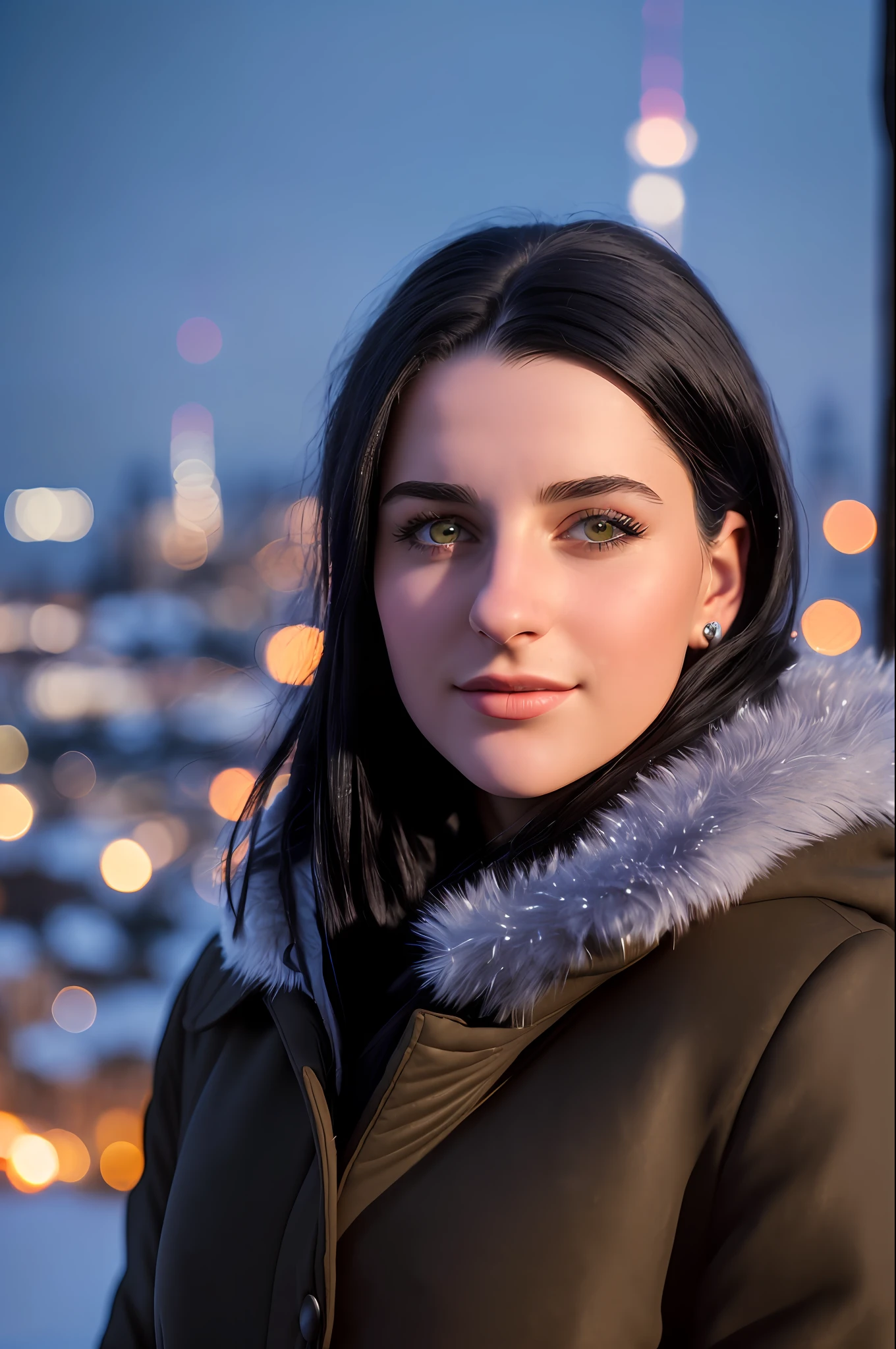 A portrait of a young white woman with black hair, brown eyes, no breasts, ((18 years old)), ((upper body portrait, happy)), winter clothes, European city in the background, ((old poles)), ((cold weather)), (((night)), dark lighting, realistic shadows, ultra realistic, photorealistic, 8K, Full HD, 55mm lens, closeup shot, volumetric lighting