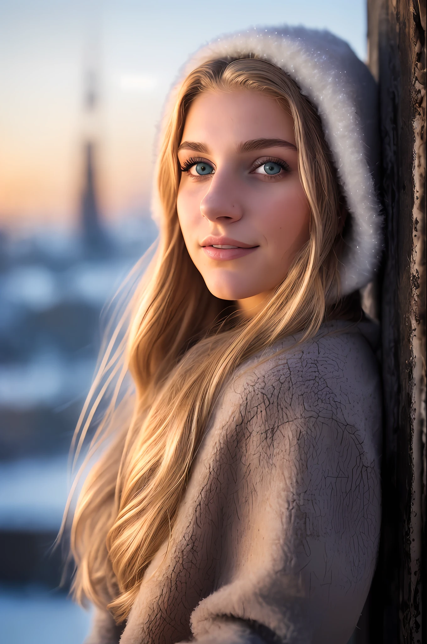 A portrait of a young white woman with light hair, brown eyes, ((18 years old)), ((upper body portrait, happy)), winter clothes, European city in the background, ((old poles)), ((cold weather)), (((night)), dark lighting, realistic shadows, ultra realistic, photorealistic, 8K, Full HD, 55mm lens, closeup shot, volumetric lighting