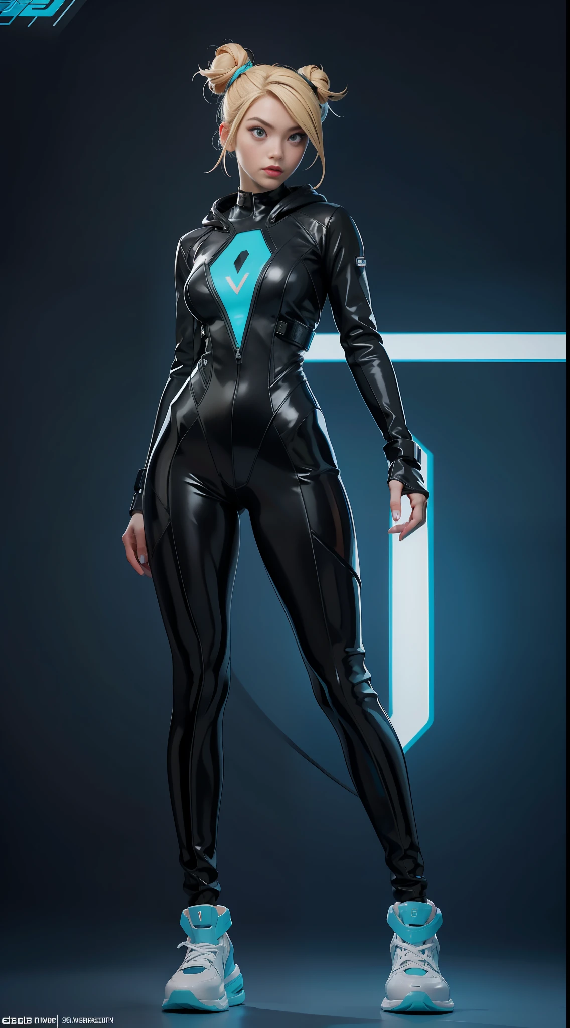 solo, super fine photo, full body portrait Unreal Engine 5 8K UHD of beautiful and cute girl, gorgeous, blonde bun style hair, black color scheme skin tight futuristic latex bodysuit, thigh straps, futuristic opened and loose hoodie, zipless, latex glove, latex belts, cyberpunk design, futuristic female student, cyberpunk sport sneakers, beautiful make up, cyan neon light details, best quality, masterpiece, official art, unified 8k wallpaper, super detailed, sharp focus, dynamic pose, body parts, no extra limbs, precisely anatomy