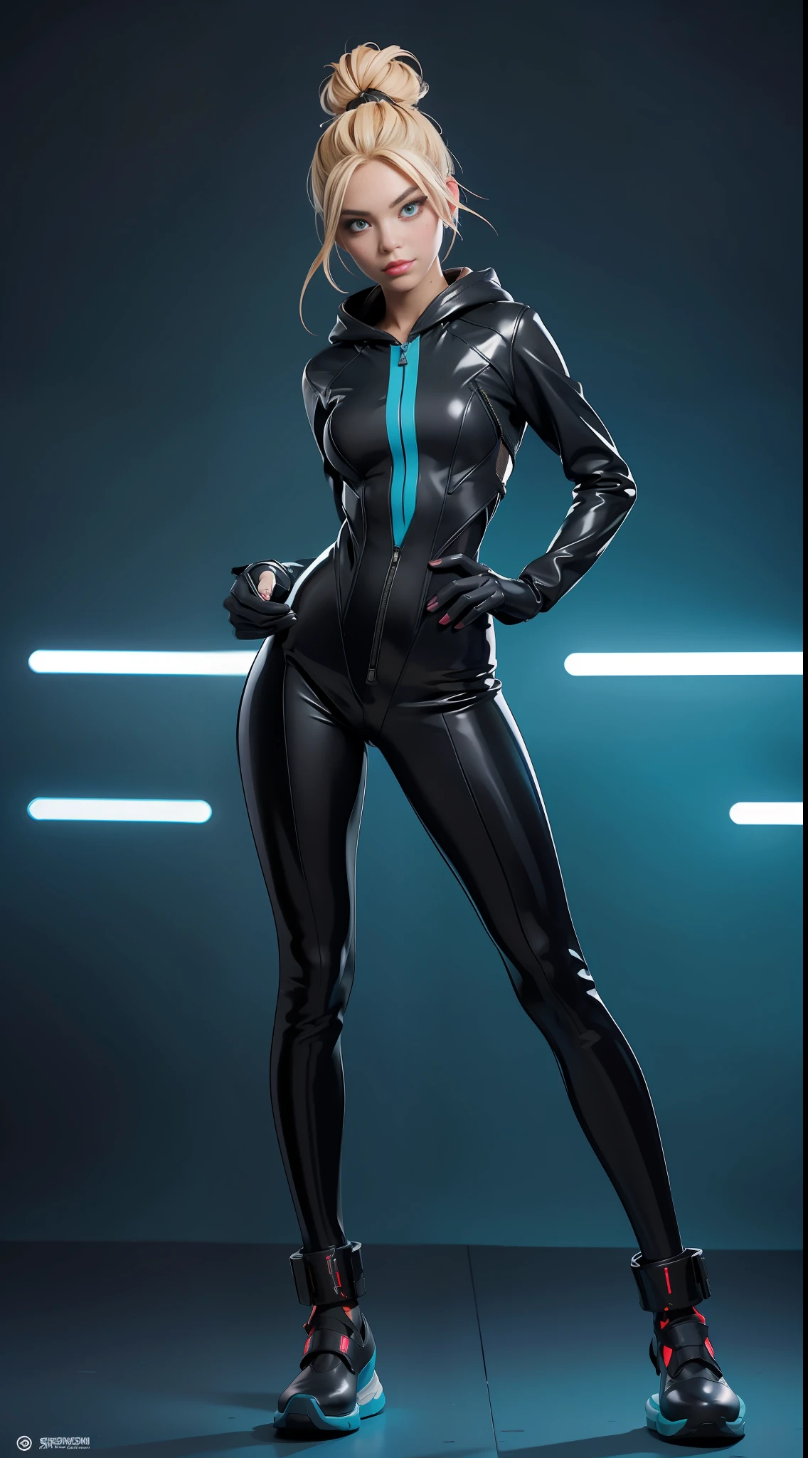 solo, super fine photo, full body portrait Unreal Engine 5 8K UHD of beautiful and cute girl, gorgeous, blonde bun style hair, black color scheme skin tight futuristic latex bodysuit, thigh straps, futuristic opened and loose hoodie, zipless, latex glove, latex belts, cyberpunk design, futuristic female student, cyberpunk sport sneakers, beautiful make up, cyan neon light details, best quality, masterpiece, official art, unified 8k wallpaper, super detailed, sharp focus, dynamic pose, body parts, no extra limbs, precisely anatomy