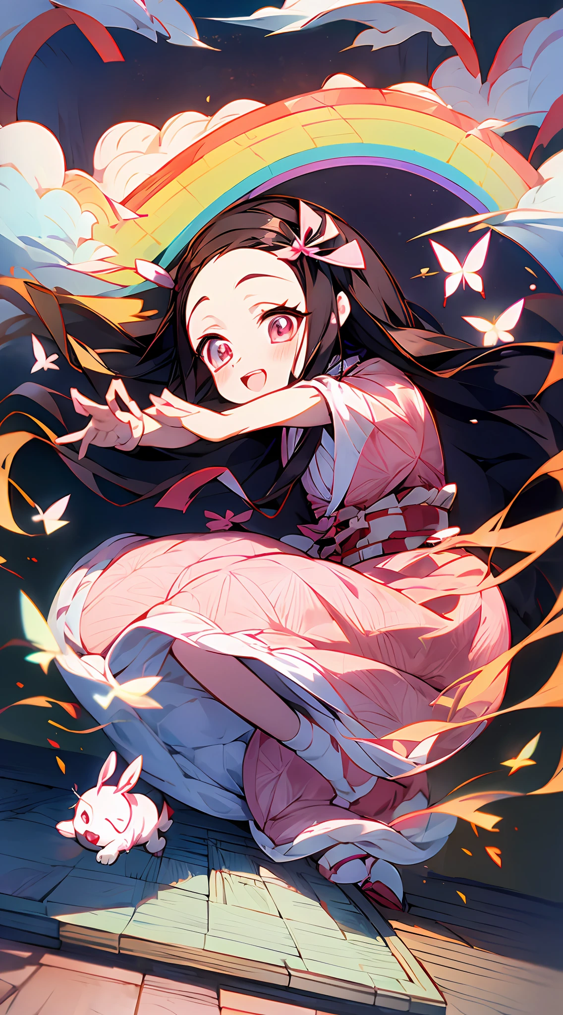 Cute Anime style, nezuko kamado dancing, rainbow in the background, puppies, butterflies, japanese house,detailed face, detailed puppies