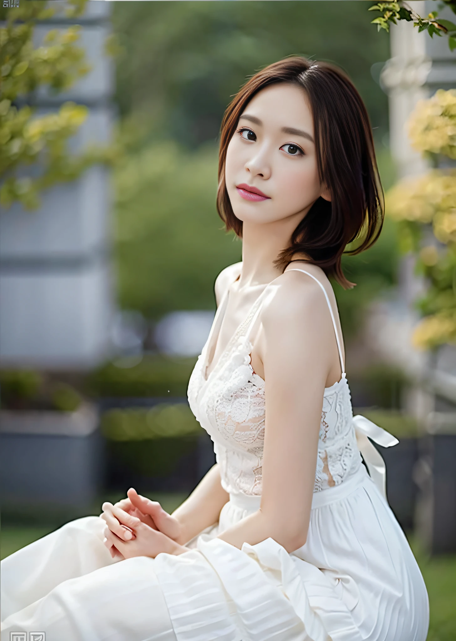 (8k, RAW photo, top quality, masterpiece: 1.2), casual pose, (very delicate and beautiful work), 1girl, crystal clear lace white dress, full body, beautiful eyes, simple blurred background, super detailed description, slender body, small, exquisite collarbone, cute lips, beautiful breasts, (realistic, fidelity: 1.37) , cute, professional lighting,