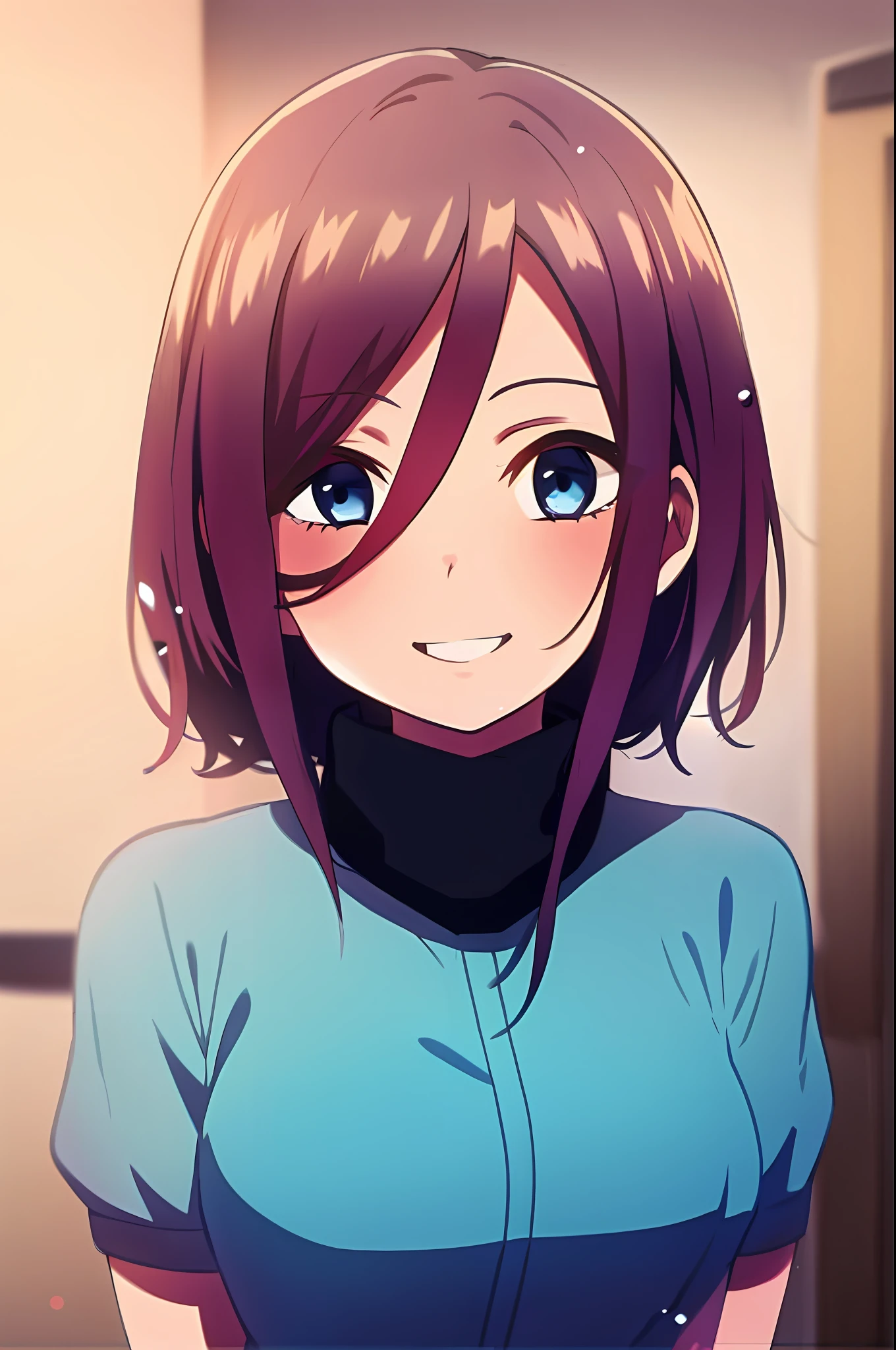 High quality anime art style, anime girl, blue shirt, cute smile, cute expression, pretty face, blue eyes, best girl, sayori, rin,.