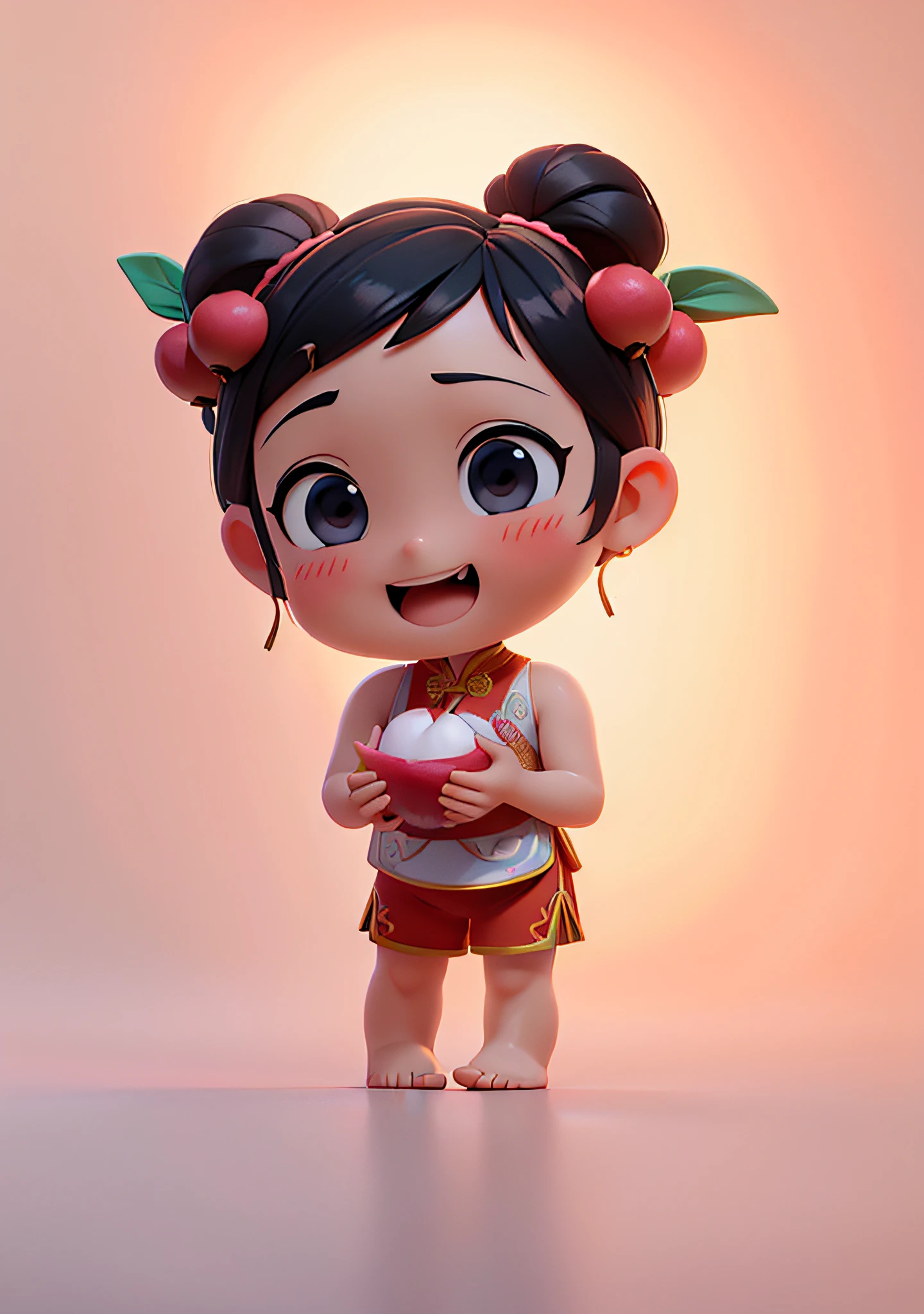 (Masterpiece: 1.3), (Best Quality: 1.3), (Masterpiece: 1.3), (Best Quality: 1.3), (8k wallpaper), (Ultra High Resolution), Full Body, (Bicephal: 2), (Natural Skin Texture), (Beautiful and Beautiful), (Very Detailed CG, Intricate Details), White Background, (White Background: 1.5), .pixar, 3D, C4D, blender, 1 Girl, Cute, Happy Face, Black Hair, Solo, Chibi, Hair Ornament, .Chibi, (Lychee:  0.5), (double lychee: 0.2), (Chinese style: 1.5), Hanfu, red belly pocket, sleeveless, red shorts, bare feet.