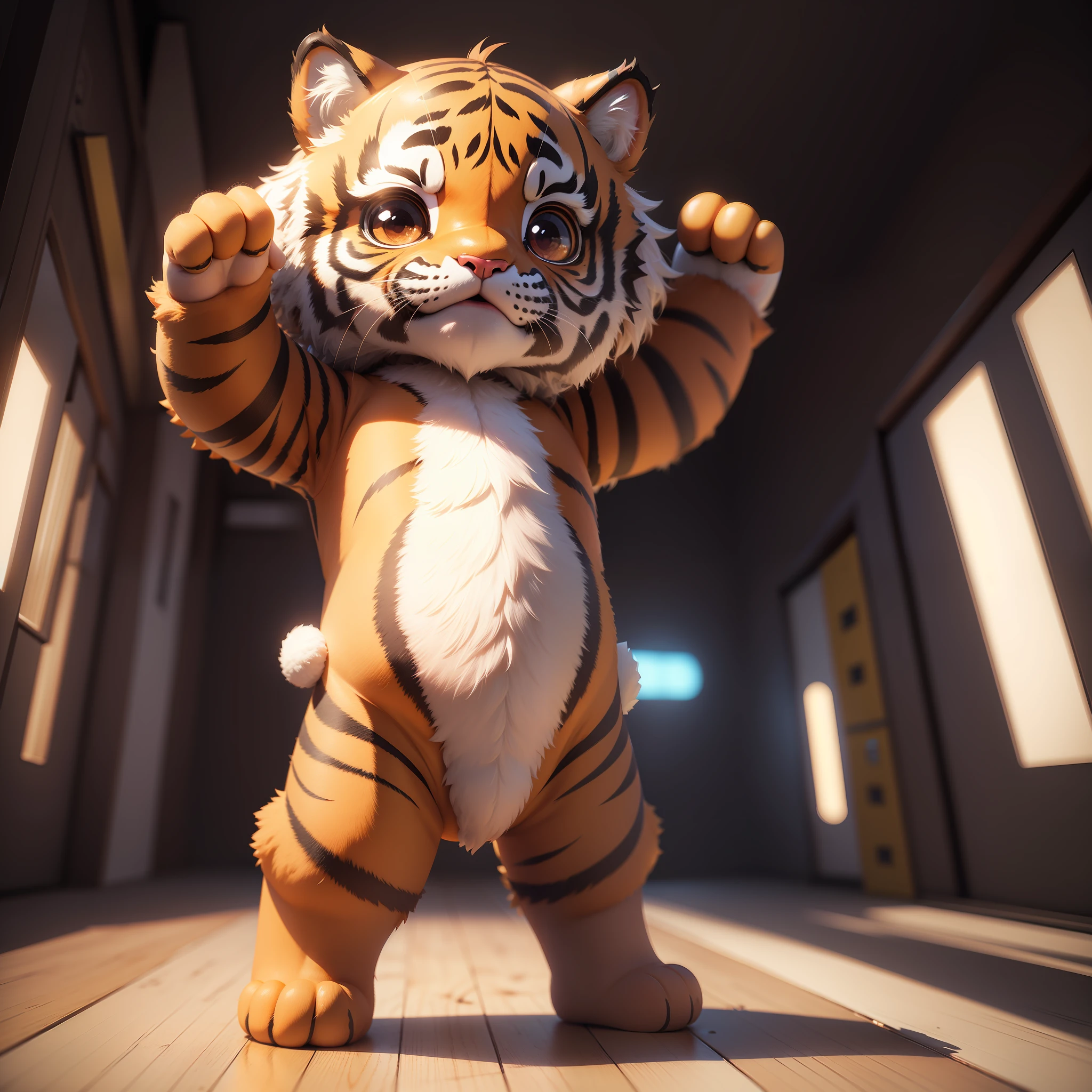 Chibi, kawaii, mascot, standing, CG, 3D, blank background, cinematic light, tiger