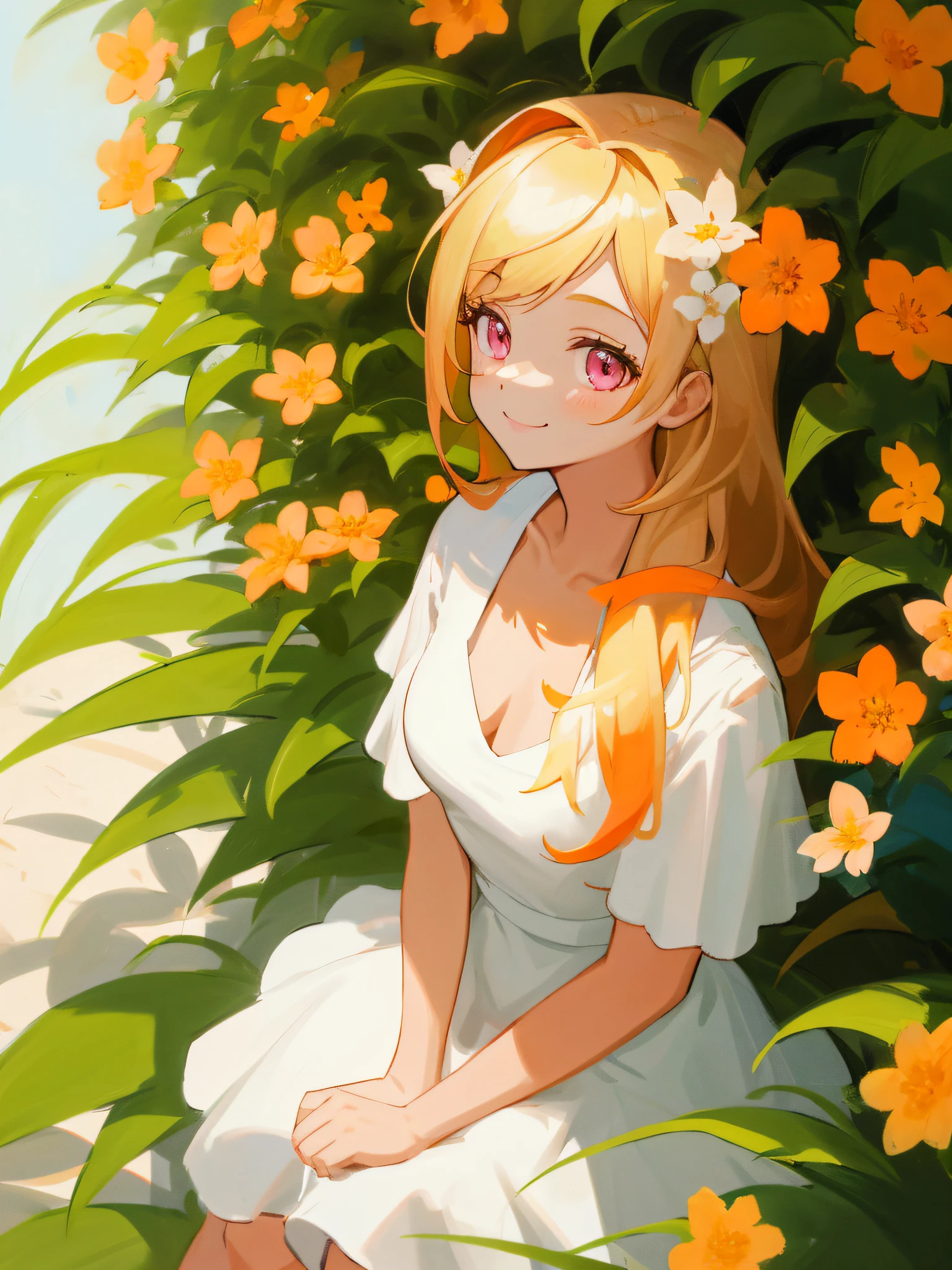 (masterpiece, best quality, absurdres), 1girl, solo, solofocus, blonde hair, long hair, pink eyes, small to medium breasts, teenager, closeup, outdoors, sunlight, plants in background, orange flowers, smile, bowl full of flowers, white bowl, spoon with flower on it, white summer dress, sitting