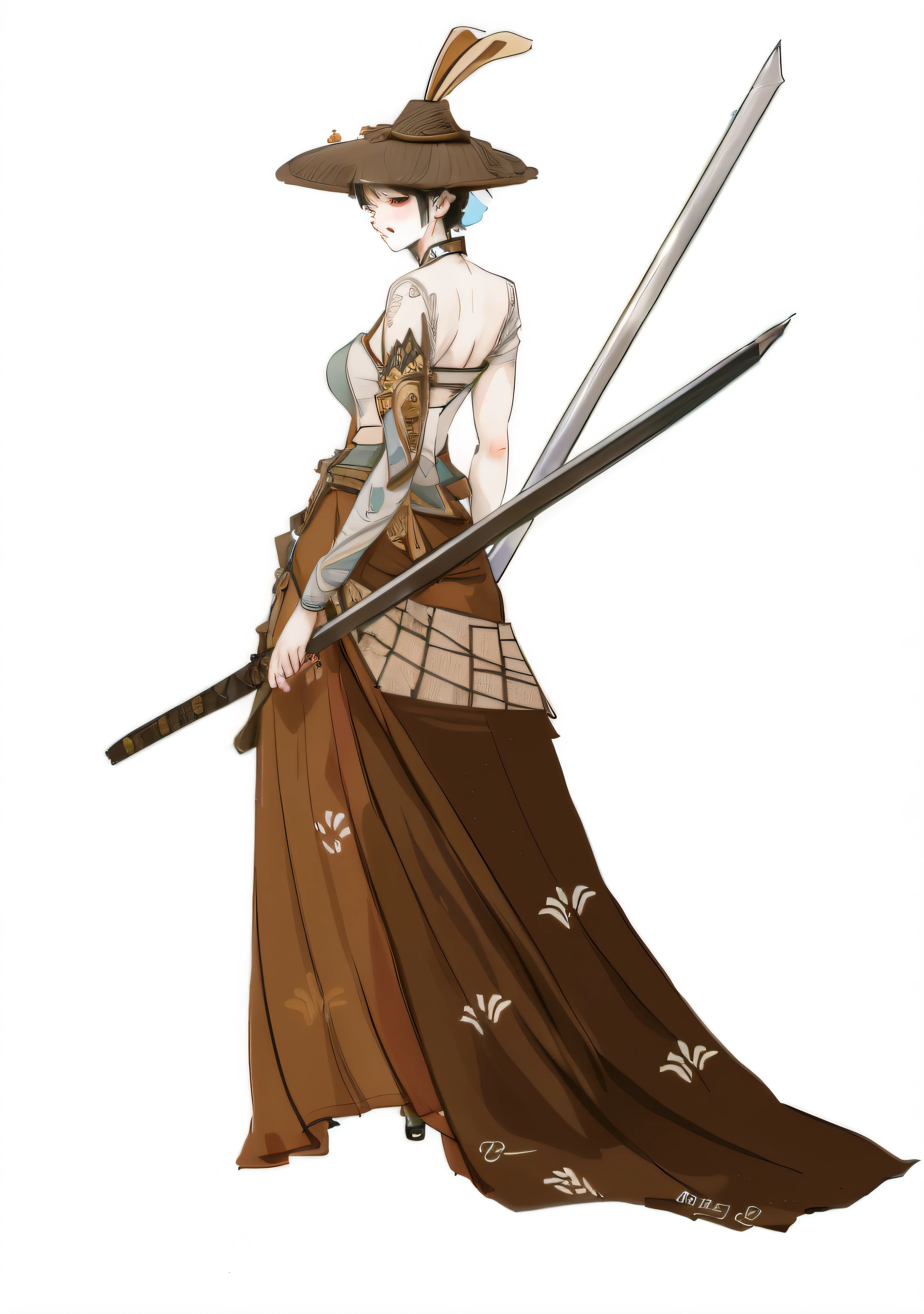 There is a woman in a dress and a hat holding two swords, a samurai, a northern adult warrior, she holds a katana, anime woman full body art, inspired by Lee Chishi, inspired by Hirogai Kano, new clothing concept design, inspired by Hiroichi Sakai, she holds a long staff, based on a rabbit, a bunny girl --auto --s2