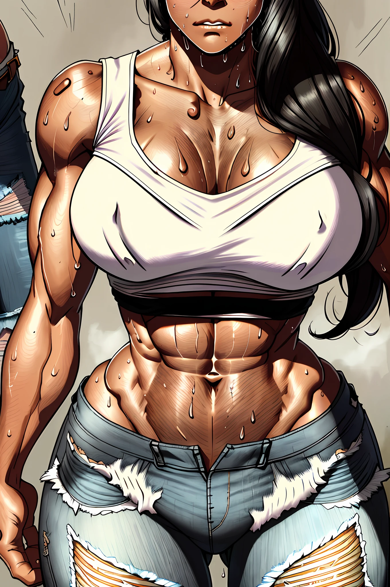 Female African ,long flowing black hair, black glasses, perky breasts, large breasts,late twenties, athletic, abs, (ripped muscles:1.3), (correct anatomy, heavy build, massive body), full body View, leaning on black 2008 Dodge Charger, outdoor background, photorealistic, (cut off shorts, jeans:1.3), (big bulge with outline:1.2), bare torso, exposed midriff, revealing skin tight rocker t-shirt with rips (detailed clothing), hyperrealistic, ultradetailed, by kenket, natural lighting, (sweat, exhausted:1.7), pin up sexualized position, epic