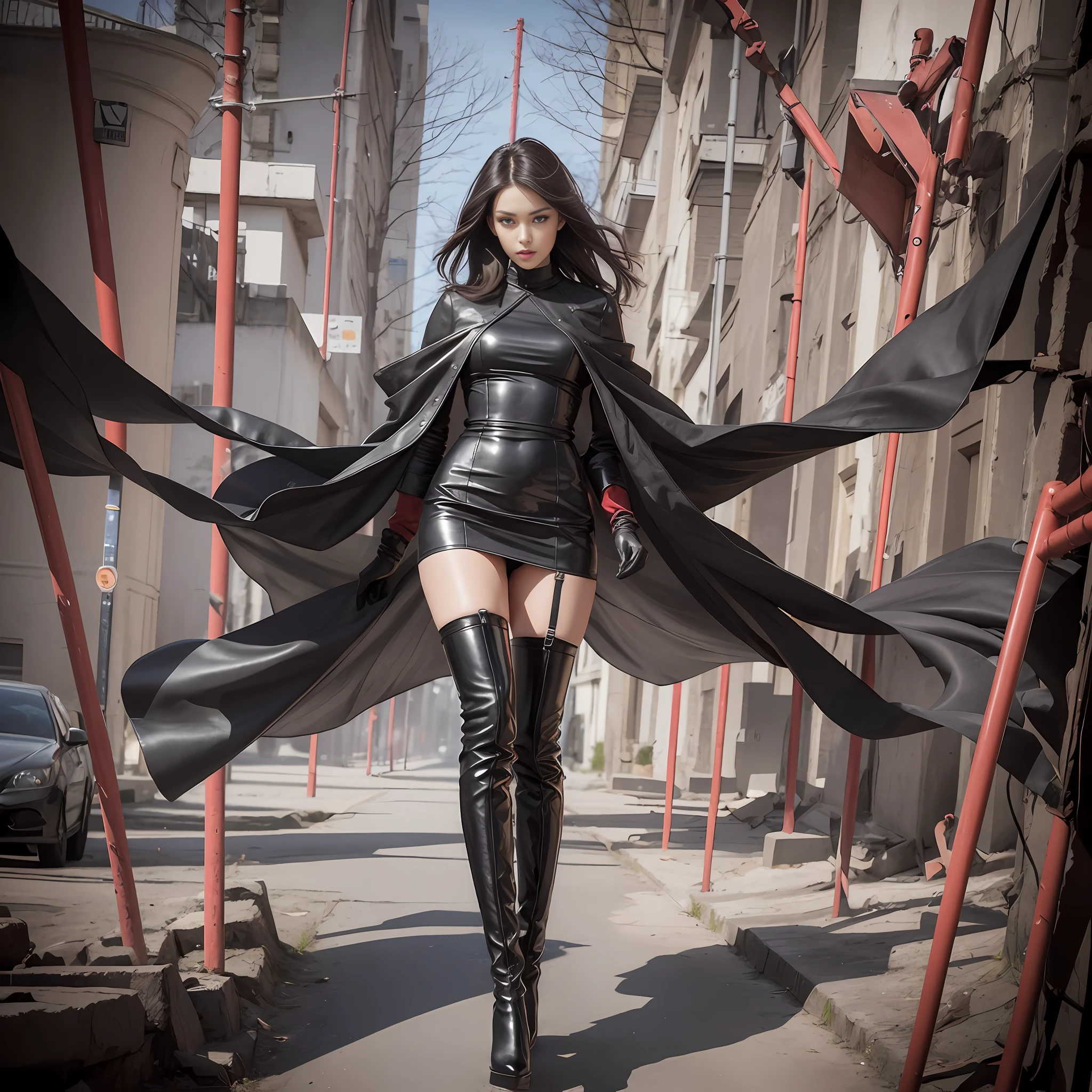 Beautiful woman walking in the wind, black gloves, knee-high leather red sole boots, tall, long legs, perfect body proportions, thin waist, black suspender stockings, tight leather dress, tall, slender body, nine-headed body, big eyes, beautiful and delicate face, perfect body details, perfect body proportions, perfect visual proportions, fashion shooting, glamorous, feminine, delicate, highlighting female curves, subtext: sexy, confident.
