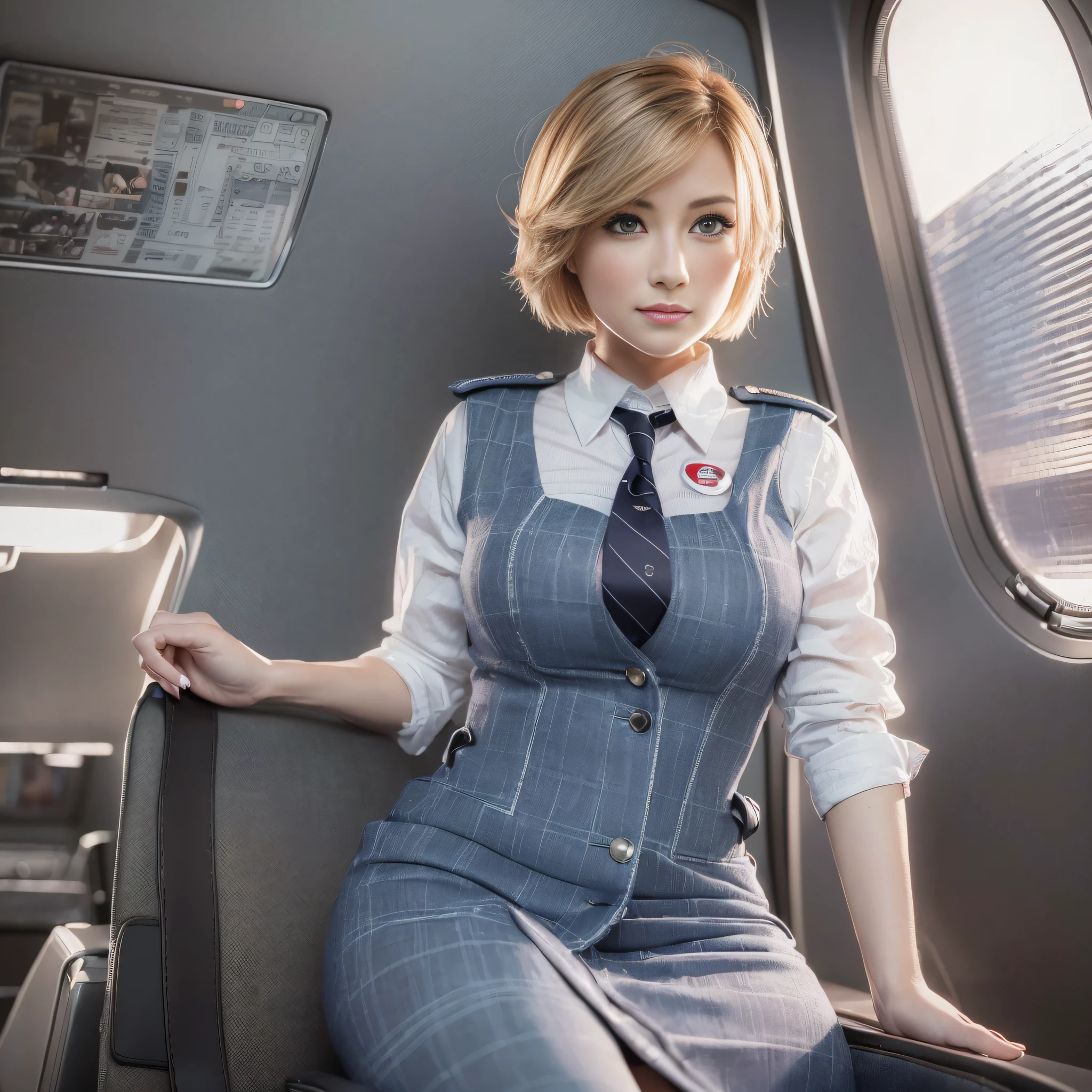 ((top quality, 8k, masterpiece: 1.3)), pretty woman with perfect figure: 1.4, very detailed face and skin texture, detailed eyes, jumbo jet, stewardess, CA, CA, cabin attendant, flight attendant, uniform, 1girl, cinematic, full body, goddess of Japan, short hair, smile,