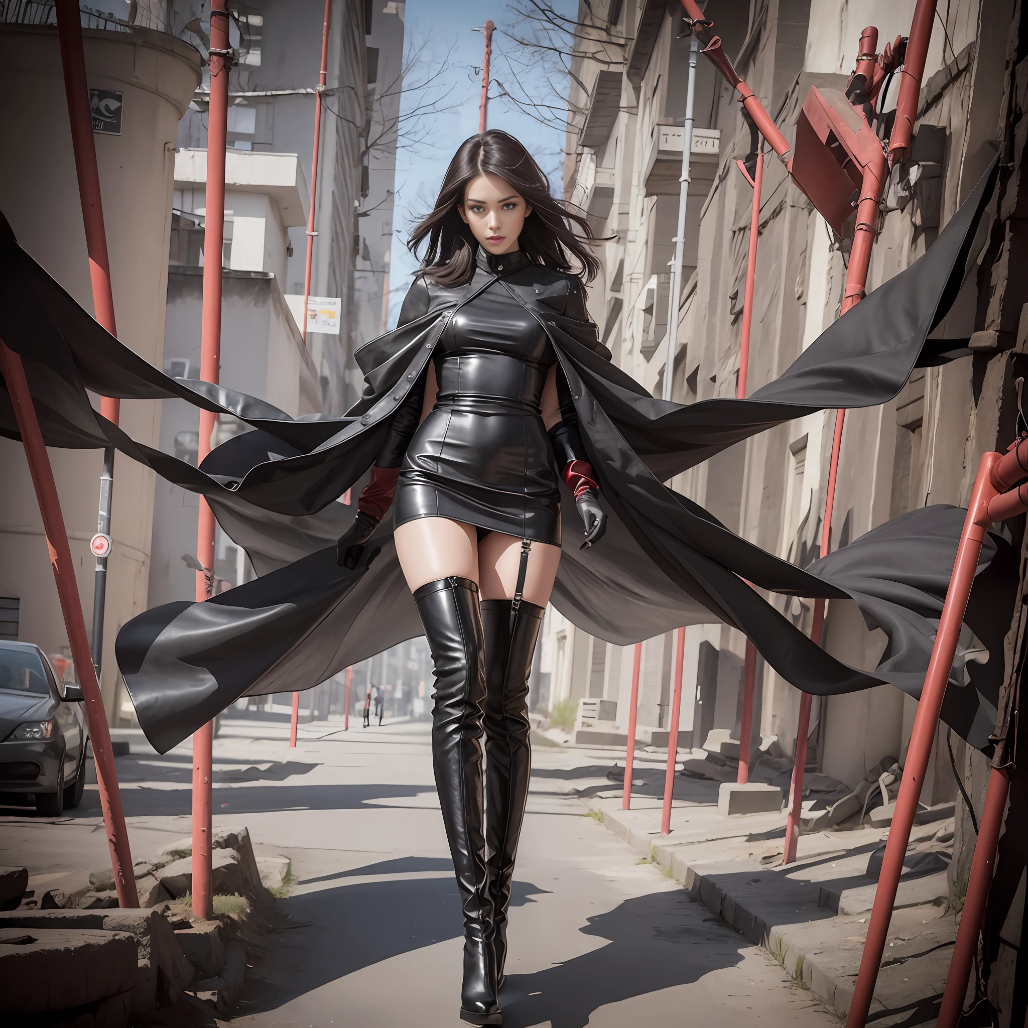 Beautiful woman walking in the wind, black gloves, knee-high leather red sole boots, tall, long legs, perfect body proportions, thin waist, black suspender stockings, tight leather dress, tall, slender body, nine-headed body, big eyes, beautiful and delicate face, perfect body details, perfect body proportions, perfect visual proportions, fashion shooting, glamorous, feminine, delicate, highlighting female curves, subtext: sexy, confident.