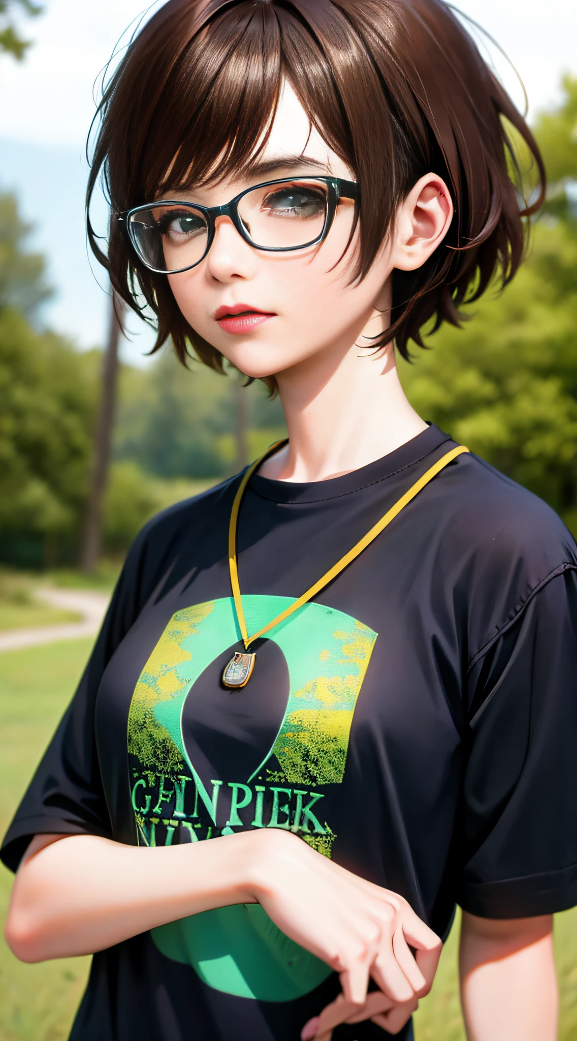 punk girl wearing glasses and a dark shirt, blurred green grass and trees in the background, short brown hair, detailed face, high quality, high resolution