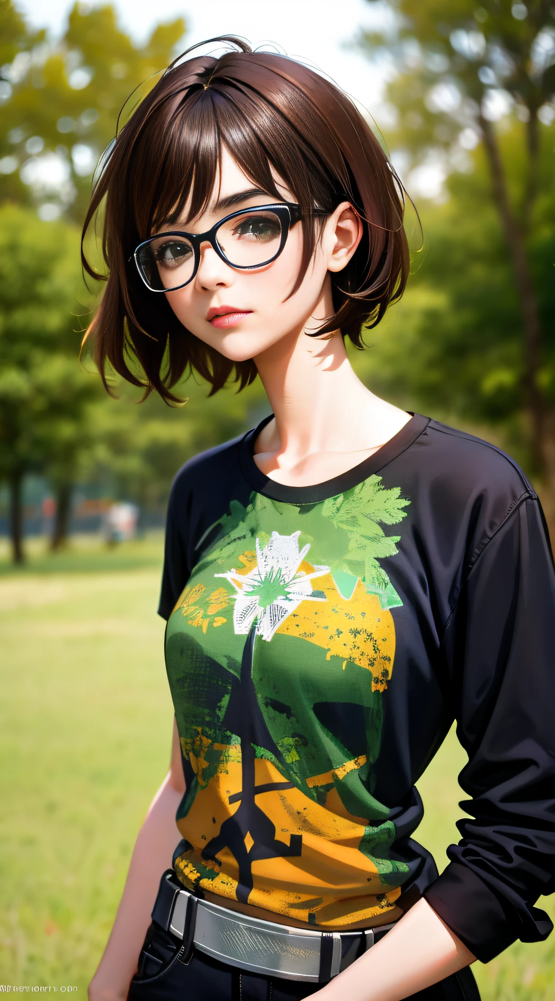 punk girl wearing glasses and a dark shirt, blurred green grass and trees in the background, short brown hair, detailed face, high quality, high resolution