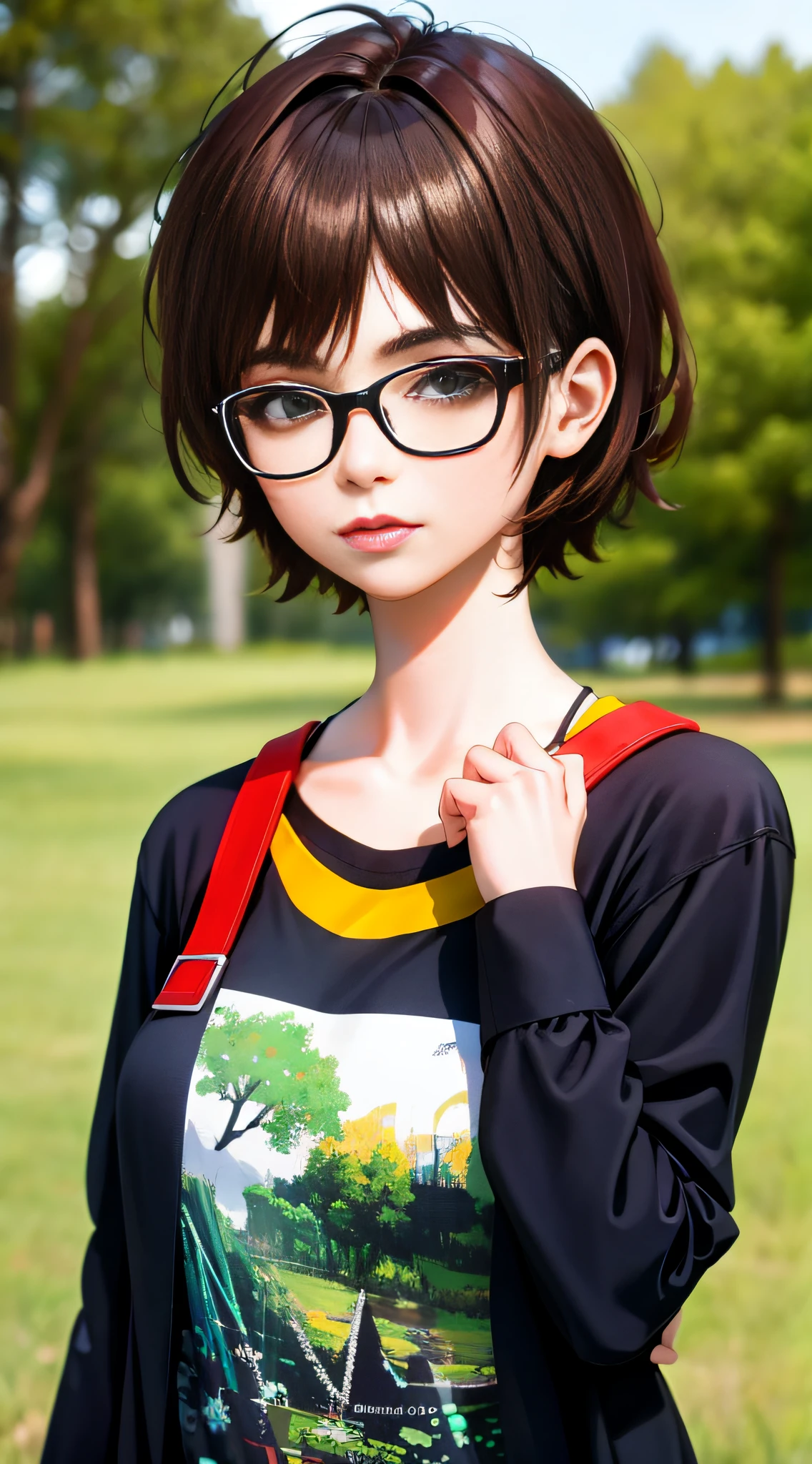 punk girl wearing glasses and a dark shirt, blurred green grass and trees in the background, short brown hair, detailed face, high quality, high resolution
