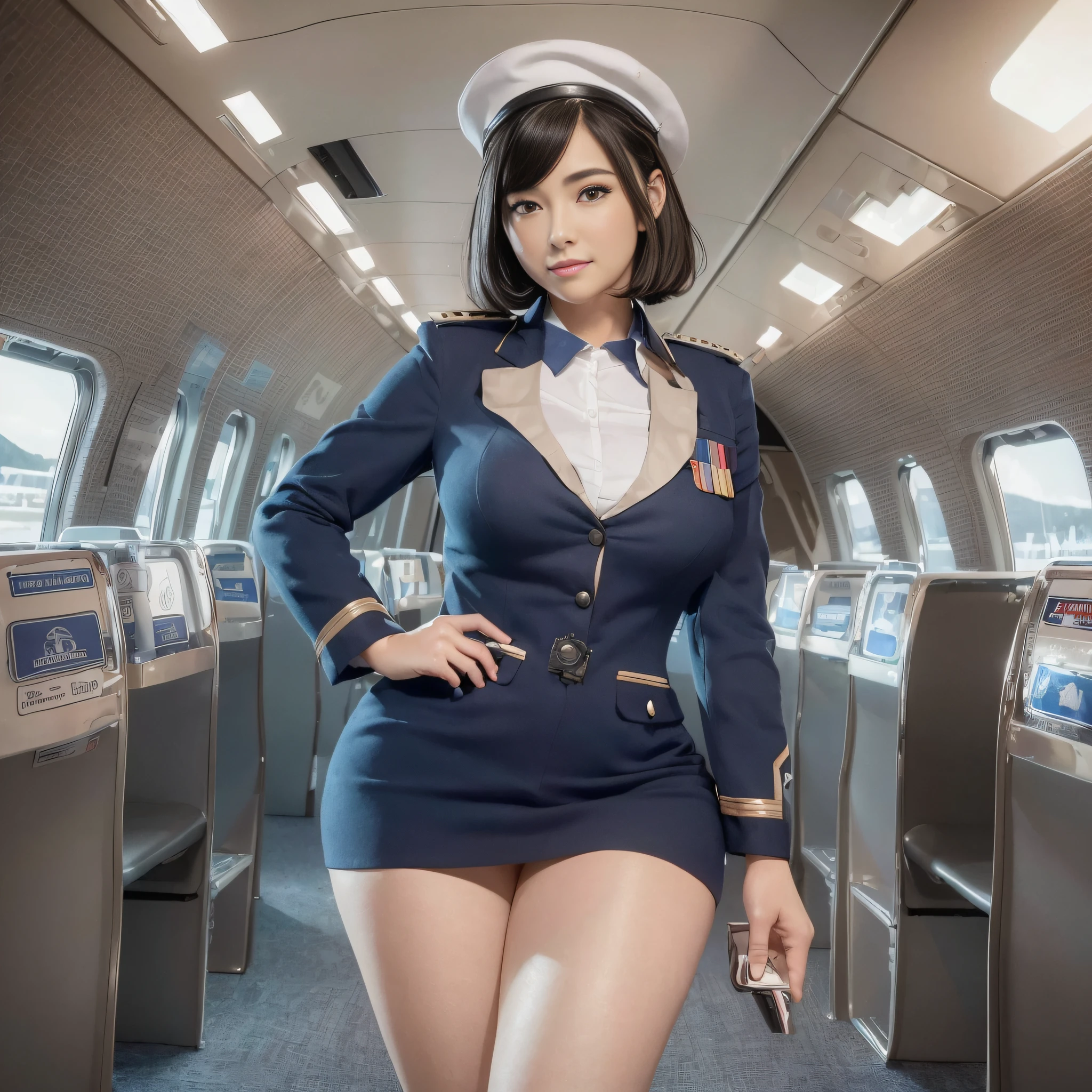 ((top quality, 8k, masterpiece: 1.3)), pretty woman with perfect figure: 1.4, very detailed face and skin texture, detailed eyes, jumbo jet, stewardess, CA, CA, cabin attendant, flight attendant, uniform, 1girl, cinematic, full body, goddess of Japan, short hair, smile,