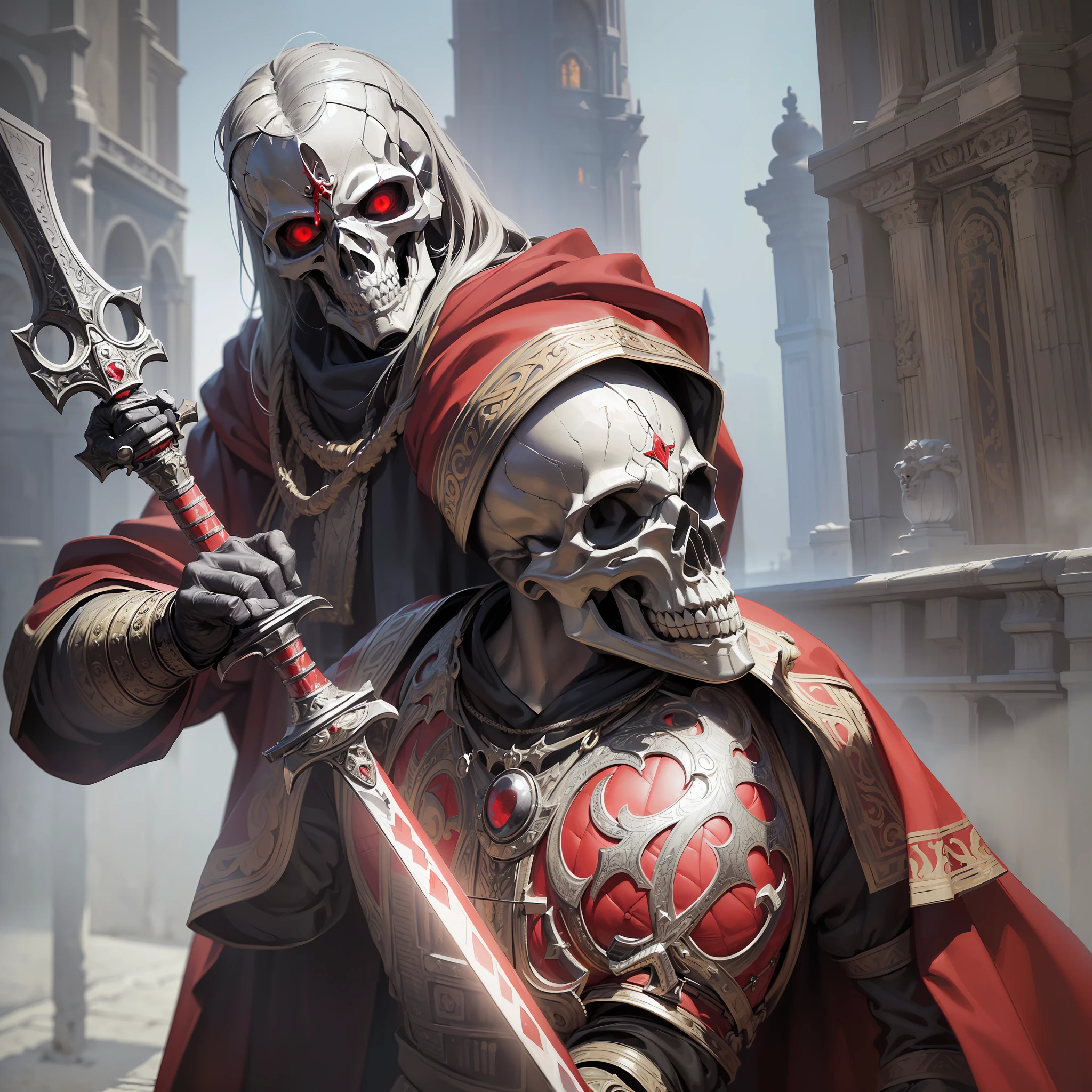 ((masterpiece), (best quality), ultra realistic (raw photo:1.2), (photorealistic:1.4), Exceptional detail, dramatic lighting, 8k, medieval knight, dim light, ornate, ornament, noble, cloak, outdoor, God of war, red eyes, sword in hand, skull in hand, bloodstained --auto --s2